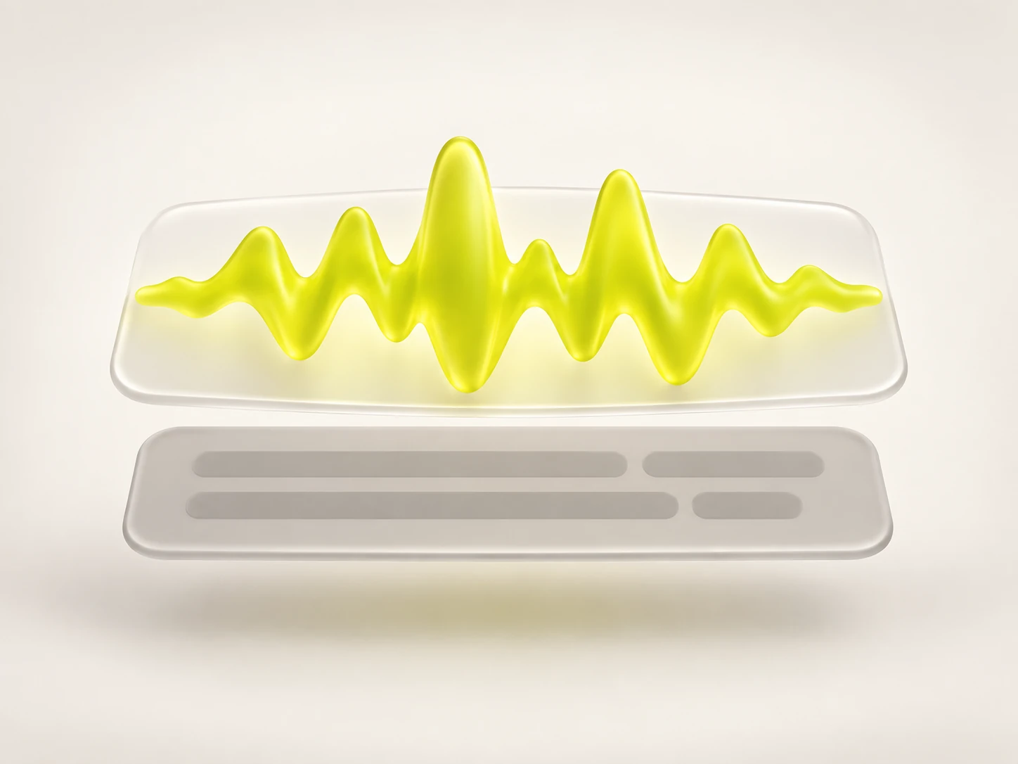 A bright soundwave layer lifted above a dimmed caption-box layer, contrasting the spoken words the AI transcribes against the burned-in on-screen captions.