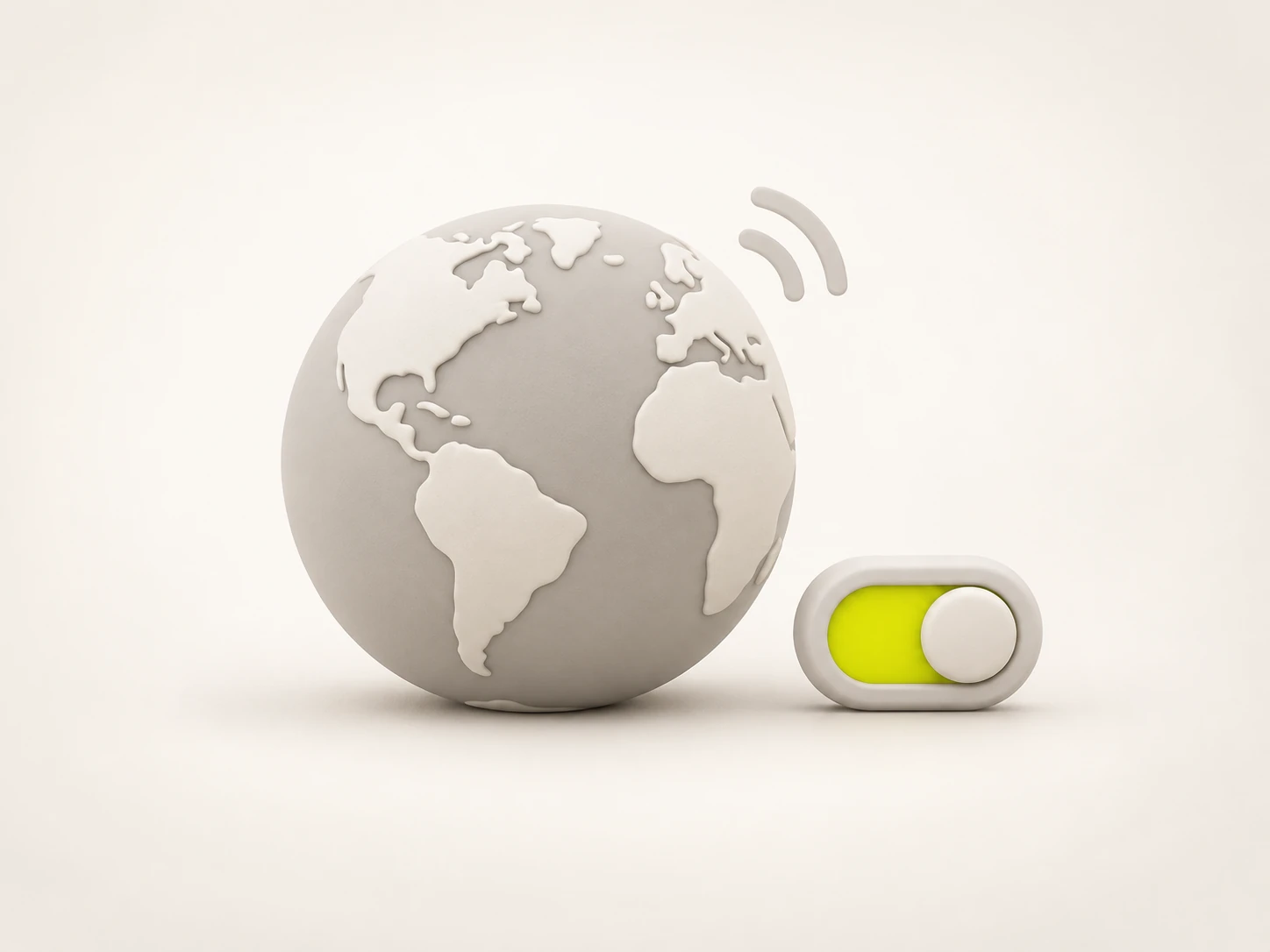 A soft 3D globe beside a toggle switched to auto, representing automatic language detection with no menu or setup.