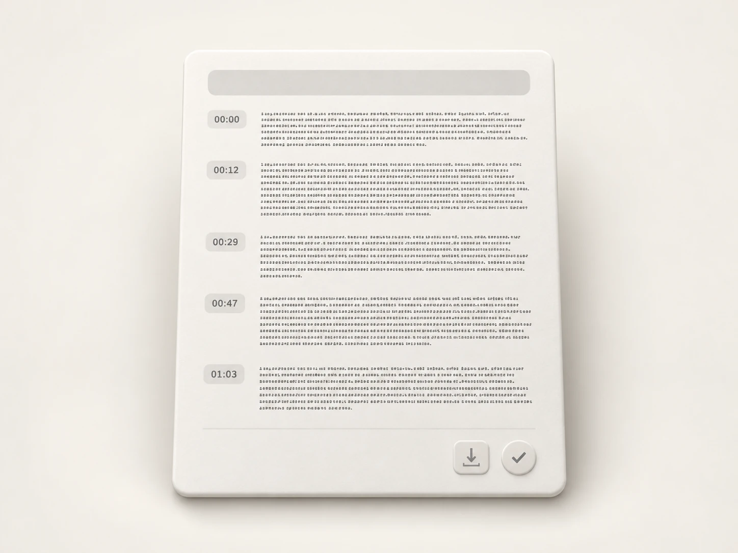 A finished transcript document with timestamps down the left, fully typeset paragraphs, and a download button and done checkmark, representing a completed transcript ready to reuse.