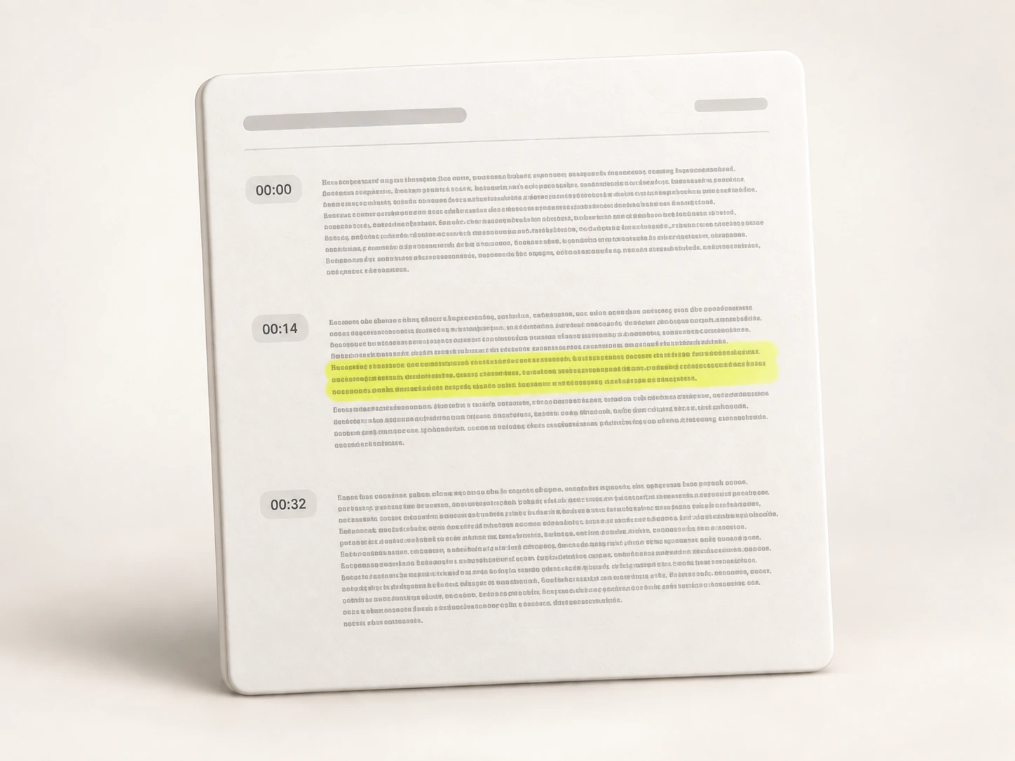 A timestamped transcript document with one passage highlighted, representing a marketer pulling a competitor's hook from the real spoken words.