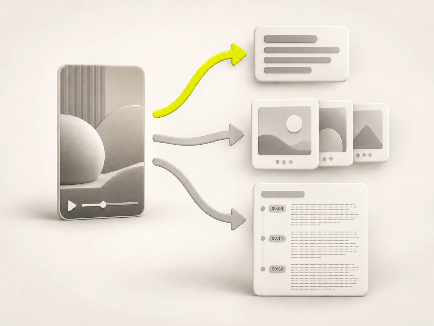 A single vertical clip fanning out via arrows into a caption block, a set of image tiles and a timestamped transcript, representing one clip repurposed into many formats from a single transcript.