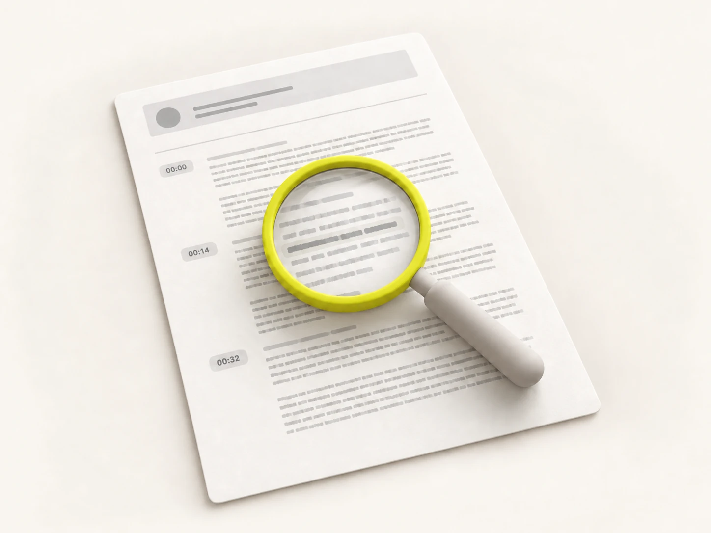 A magnifying glass over a timestamped transcript document, representing a researcher getting quotable, searchable text out of short-form video.
