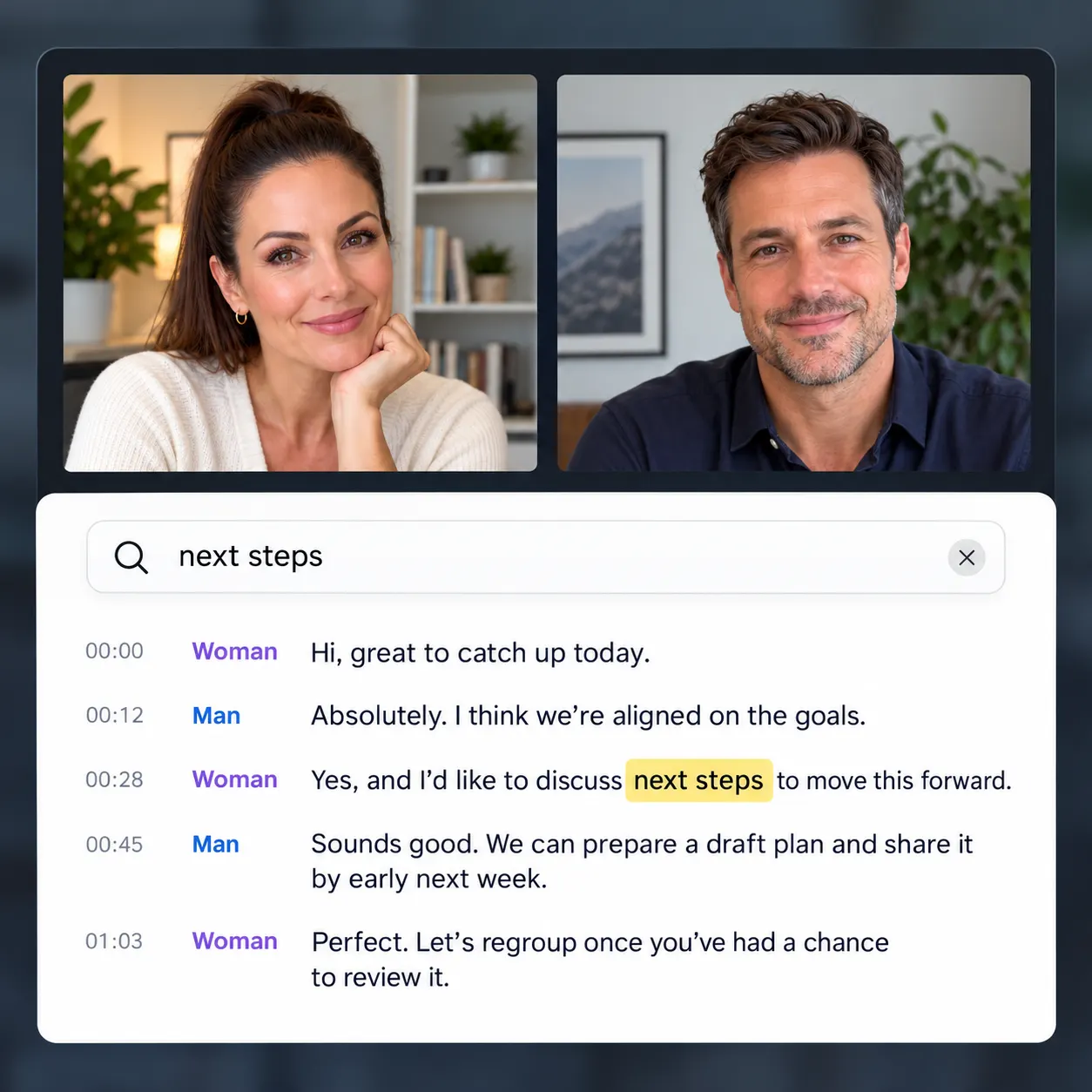 A call transcript with visible timestamp markers and one highlighted searchable passage.
