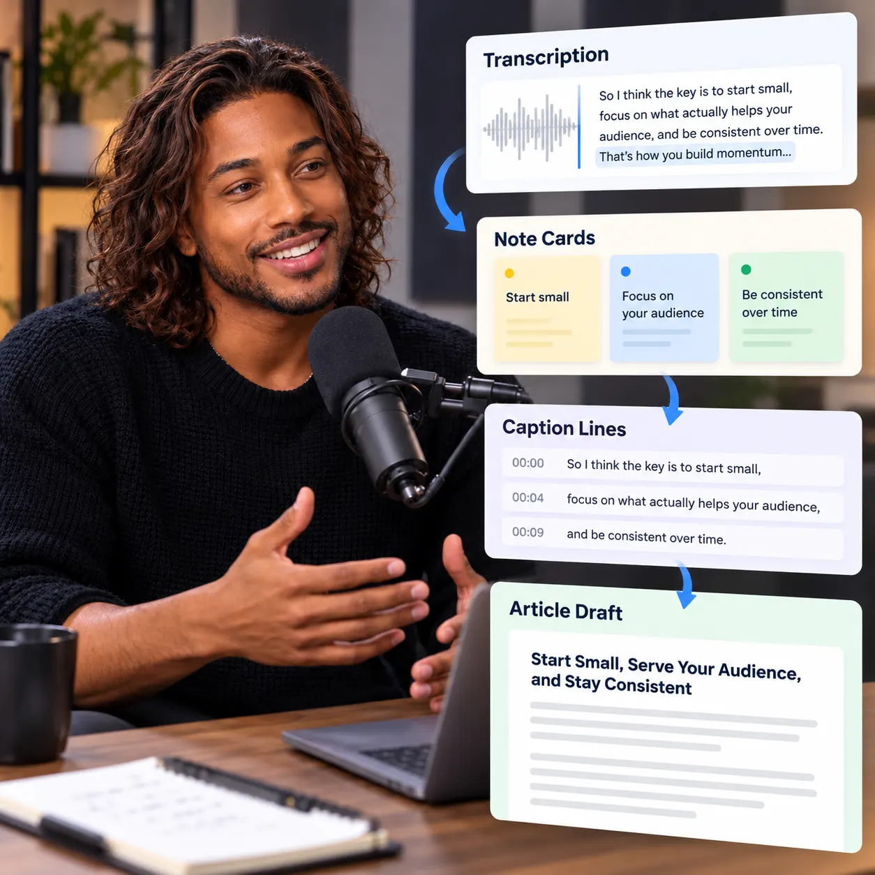 A corrected transcript flowing into note cards, caption lines, and an article draft.