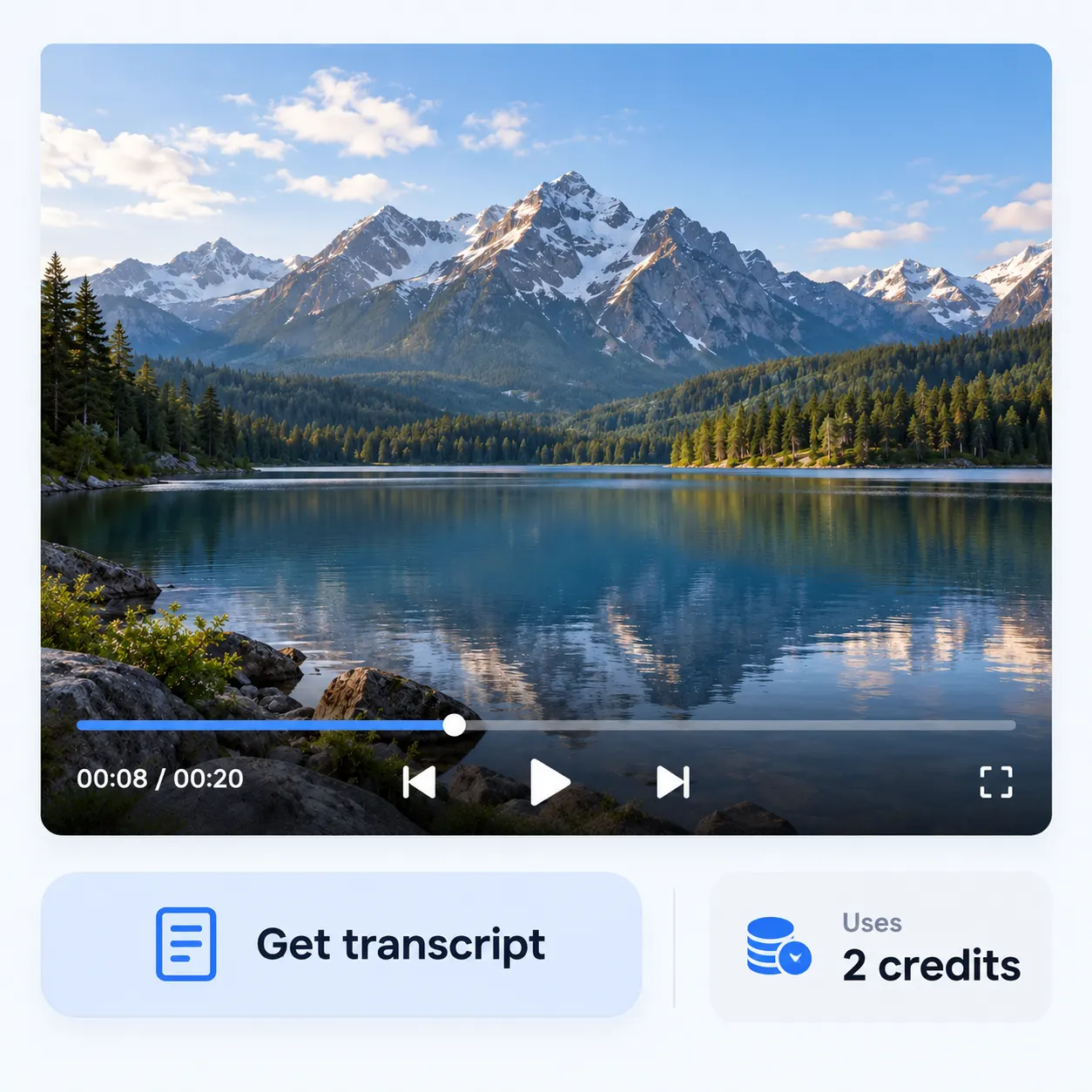 A file preview with a play control, a transcript action, and a clear 2-credit usage note.
