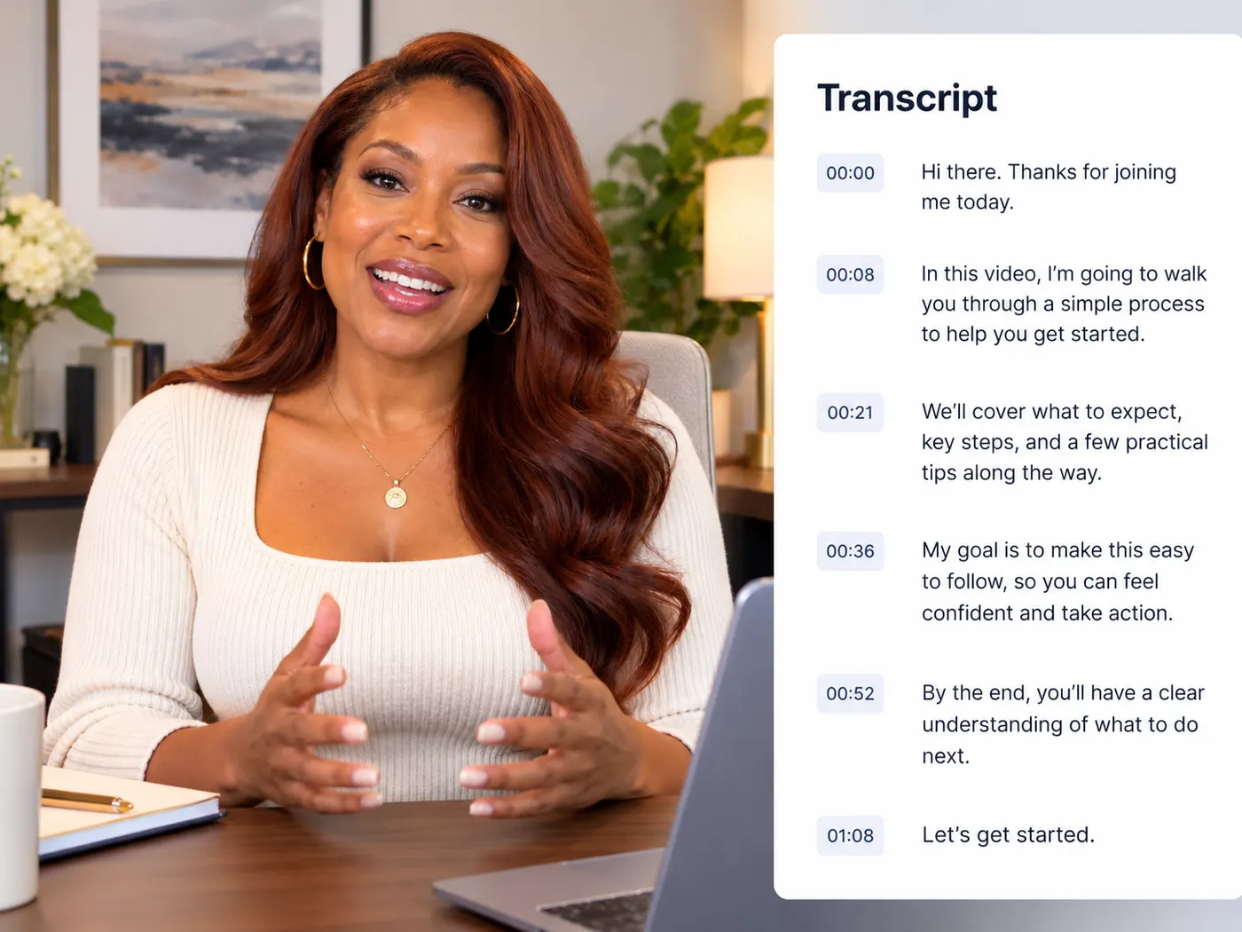 A talking-head recording represented beside a clean first-draft transcript with punctuation and short readable paragraphs.