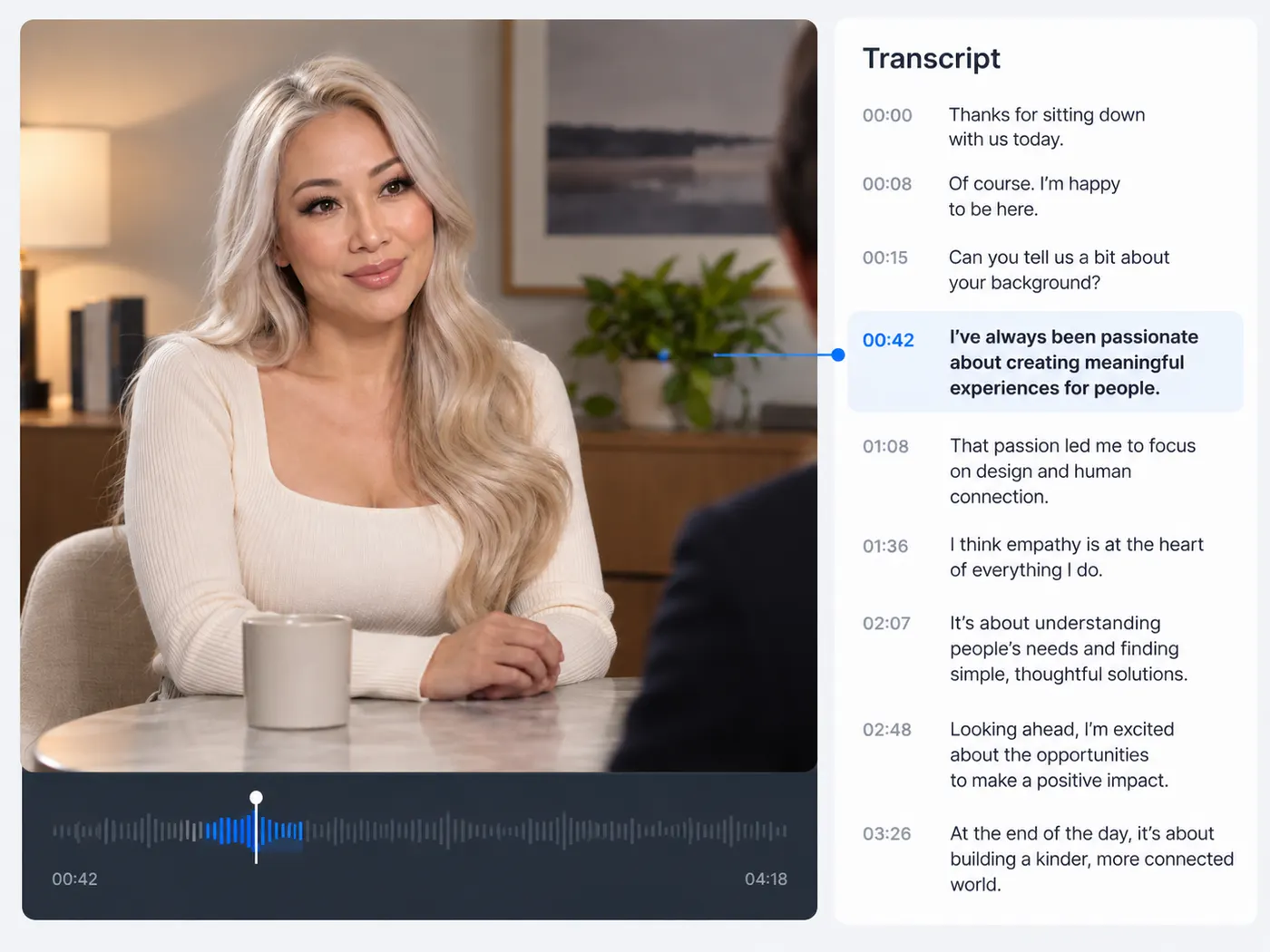 A timestamped transcript with one highlighted time cue connected visually to the corresponding interview moment.