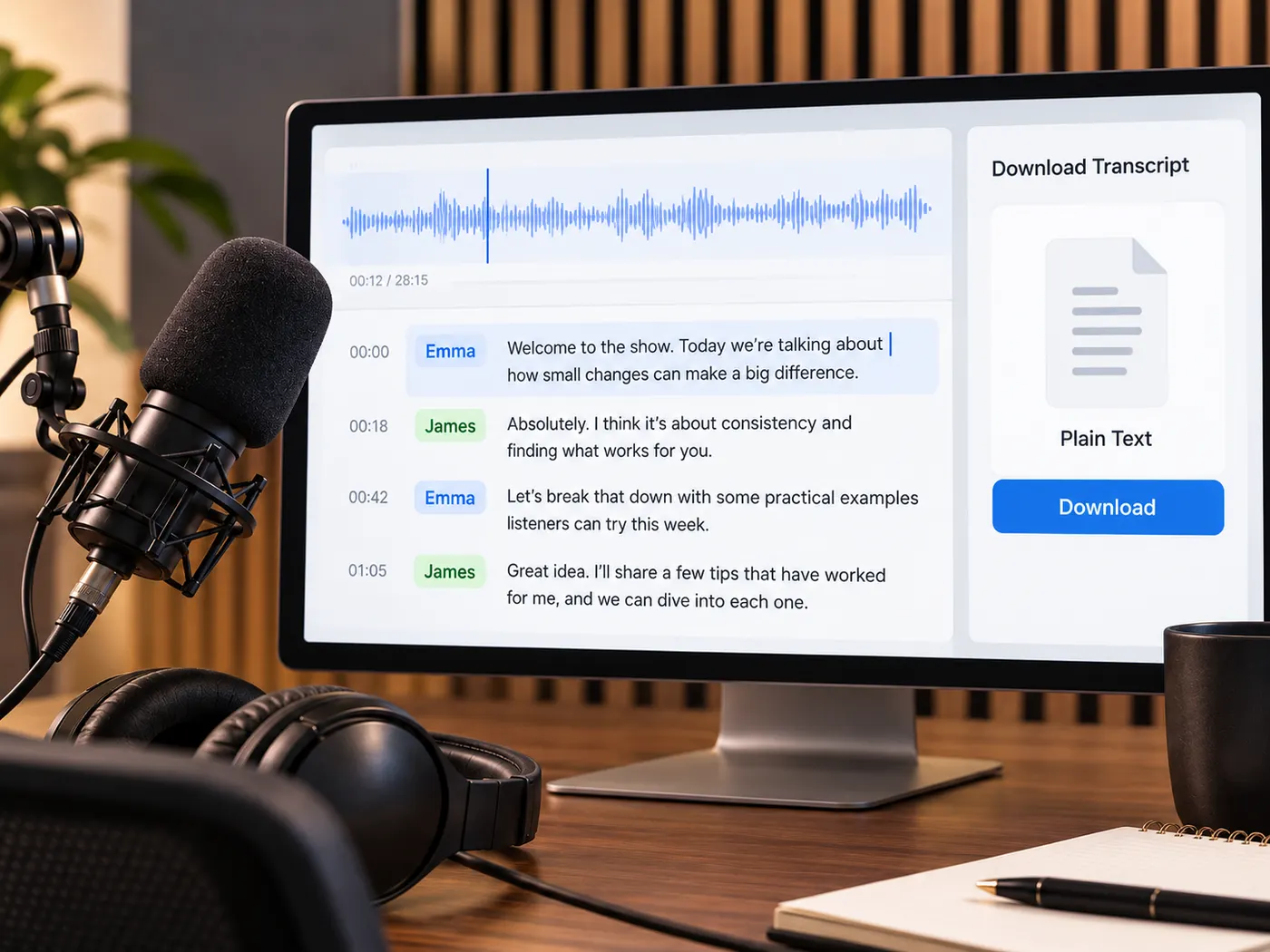 An editable transcript with a corrected name and a nearby plain-text download document.