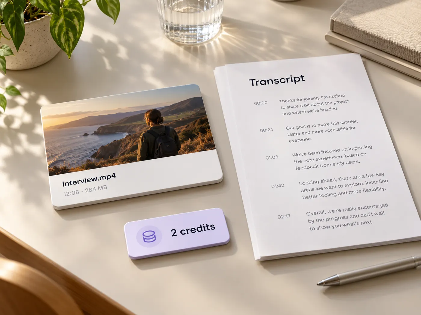 A clean editorial still life of a video file card, a transcript document, and a small credit-use indicator reading 2 credits.