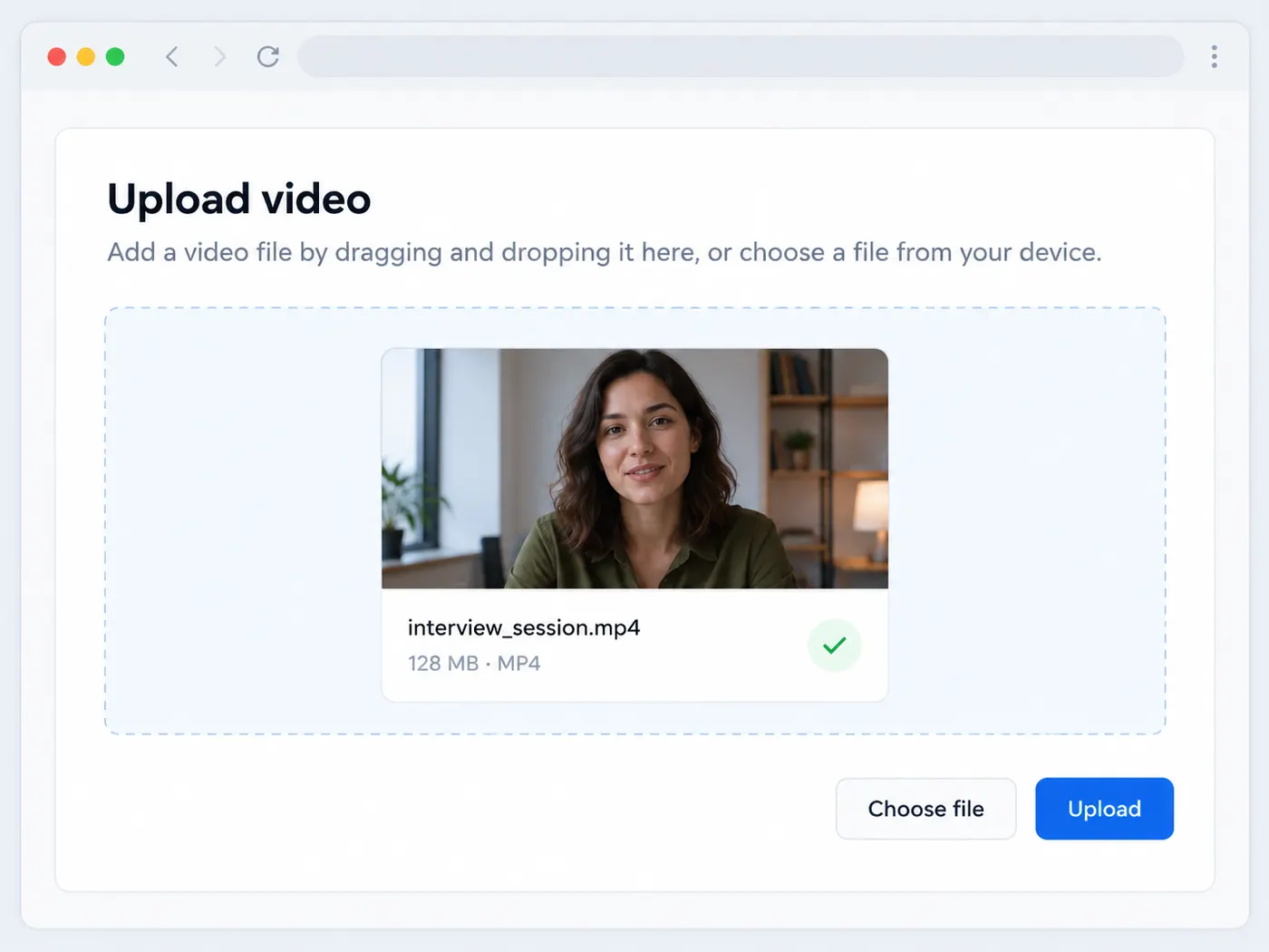 A supported video or audio file named interview_session.mp4 appears in an upload area with a visible video frame and file label.