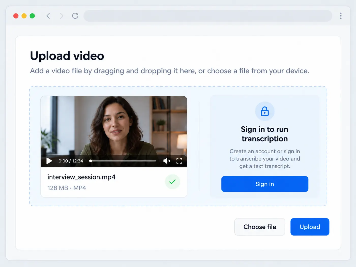 The selected interview_session.mp4 file is shown in a preview state beside a sign-in prompt to run transcription.