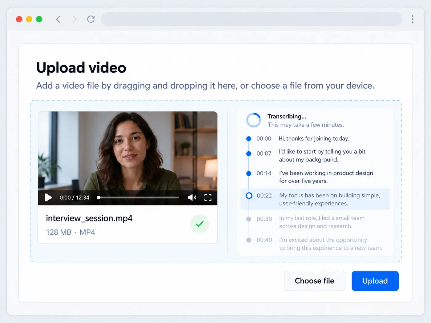 A transcription result is being produced from interview_session.mp4, represented by readable timestamped text emerging from the recording.