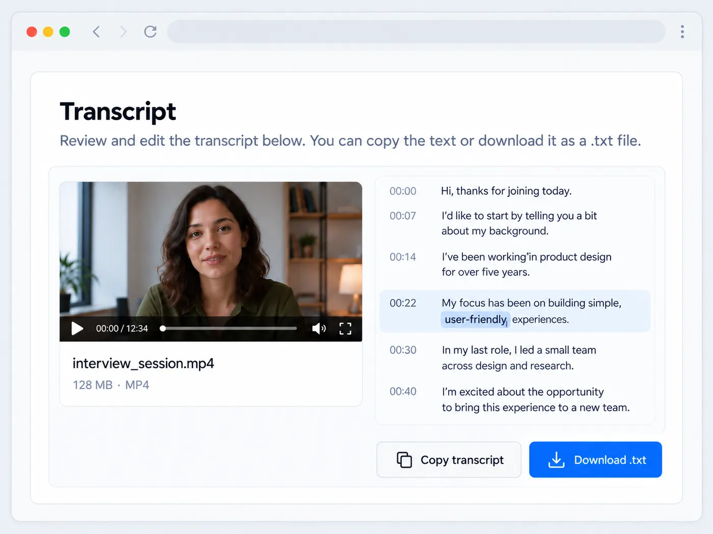 The finished transcript from interview_session.mp4 is open as editable text with a corrected line, copy action, and downloadable .txt file.