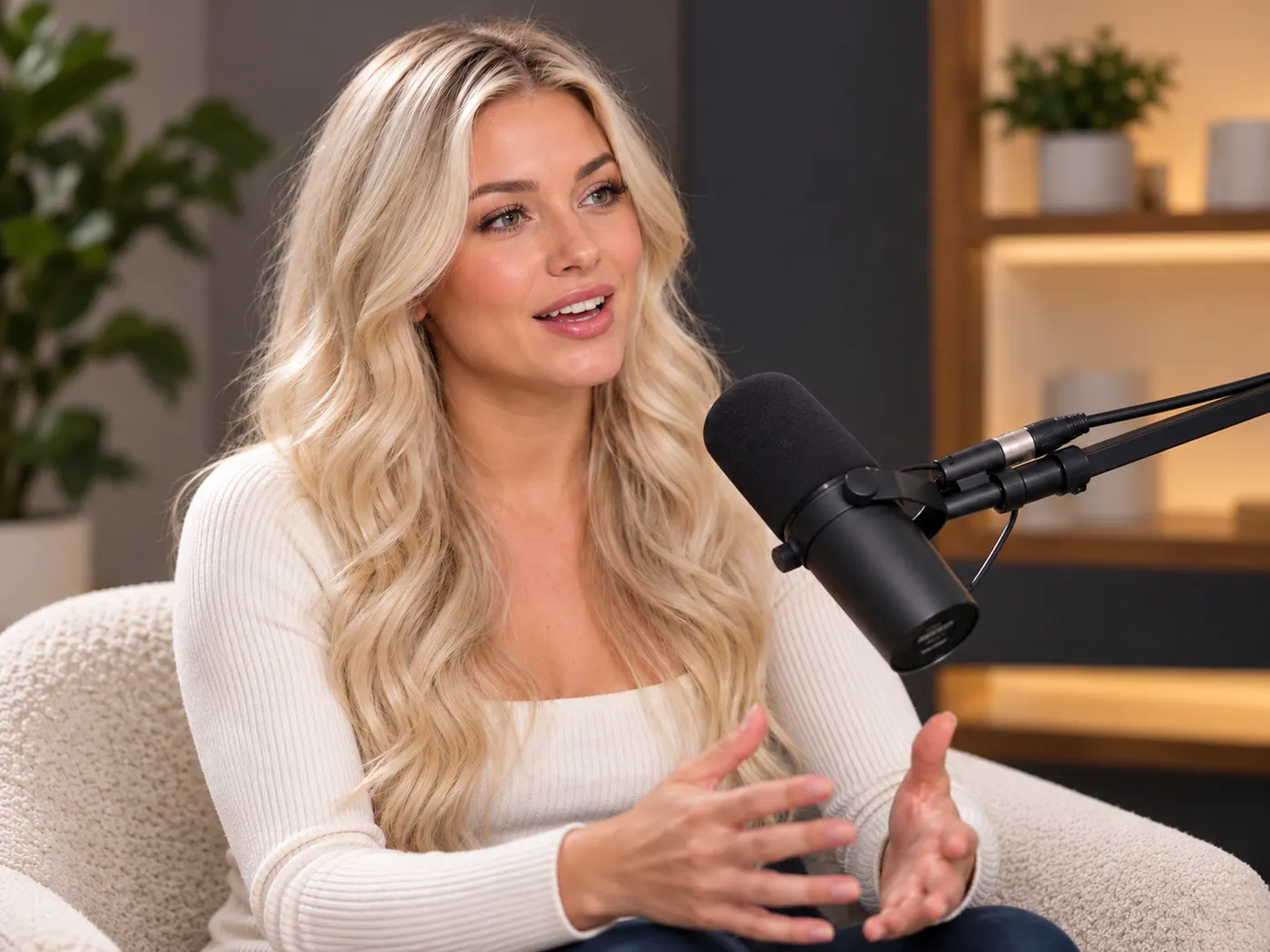 A clear interview recording frame with a microphone and an uncluttered sound-focused composition.