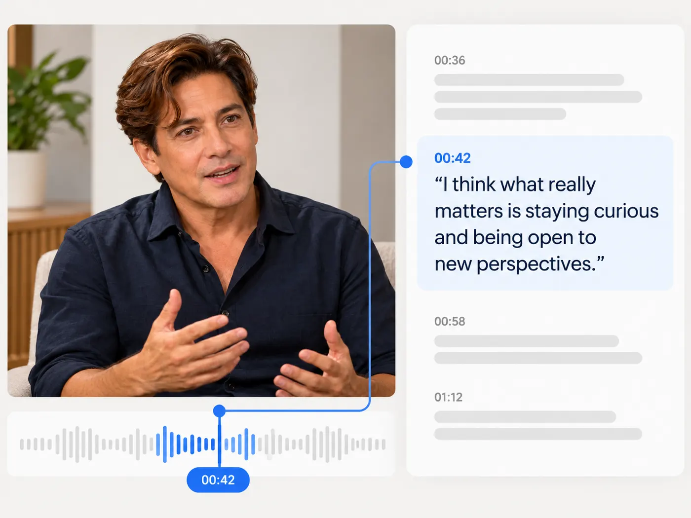 A transcript quote with a timestamp marker visually linked to the matching interview frame.