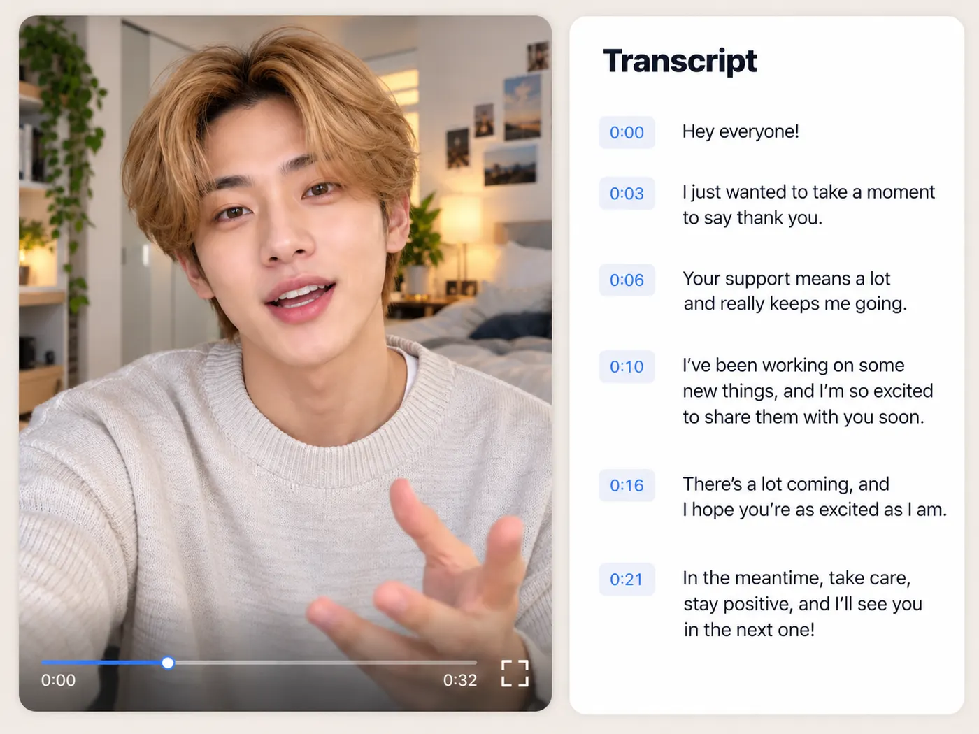 A vertical social-video frame paired with a clean transcript column.