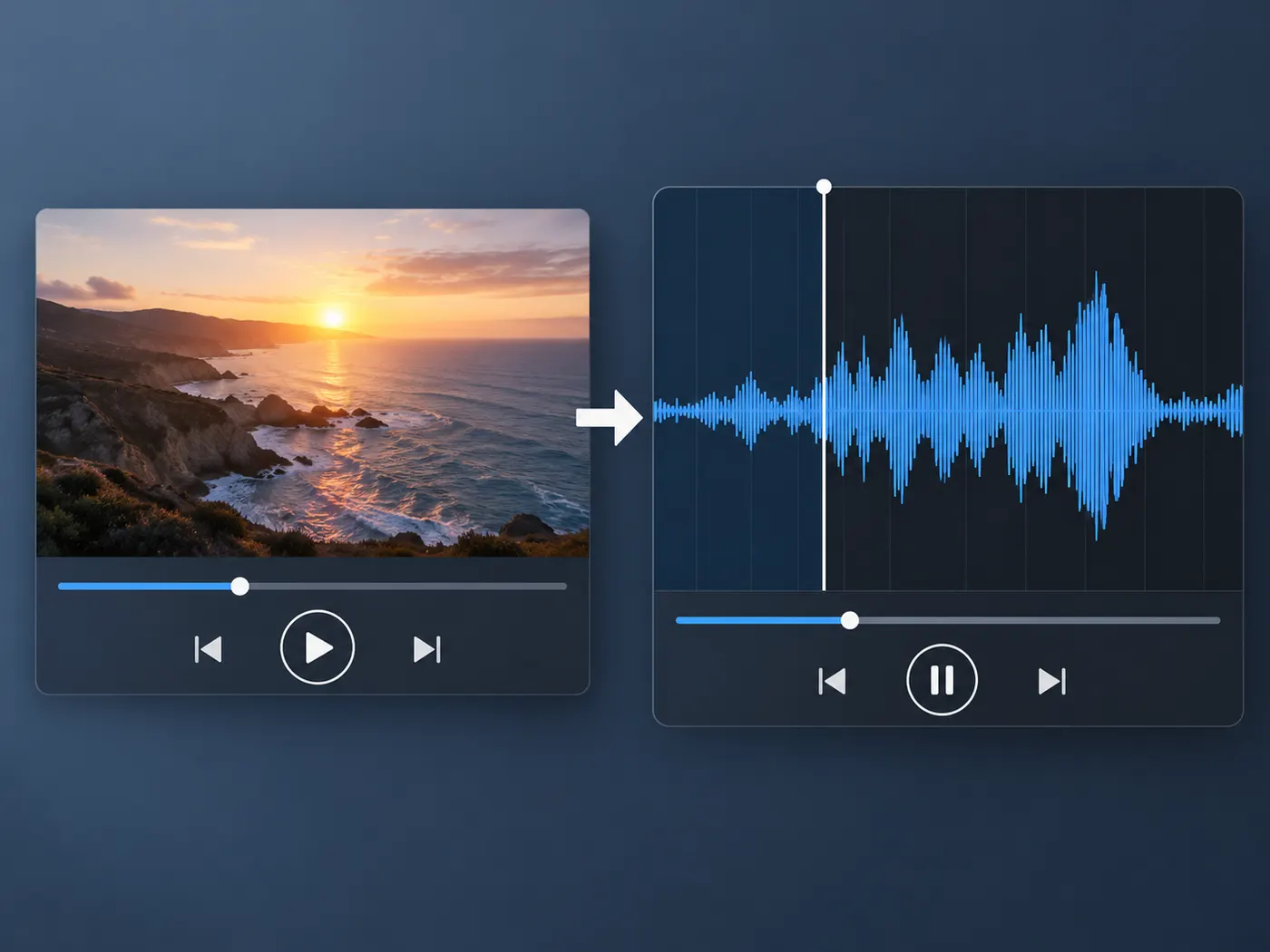 A video file transforming into an audio waveform file ready for transcription.