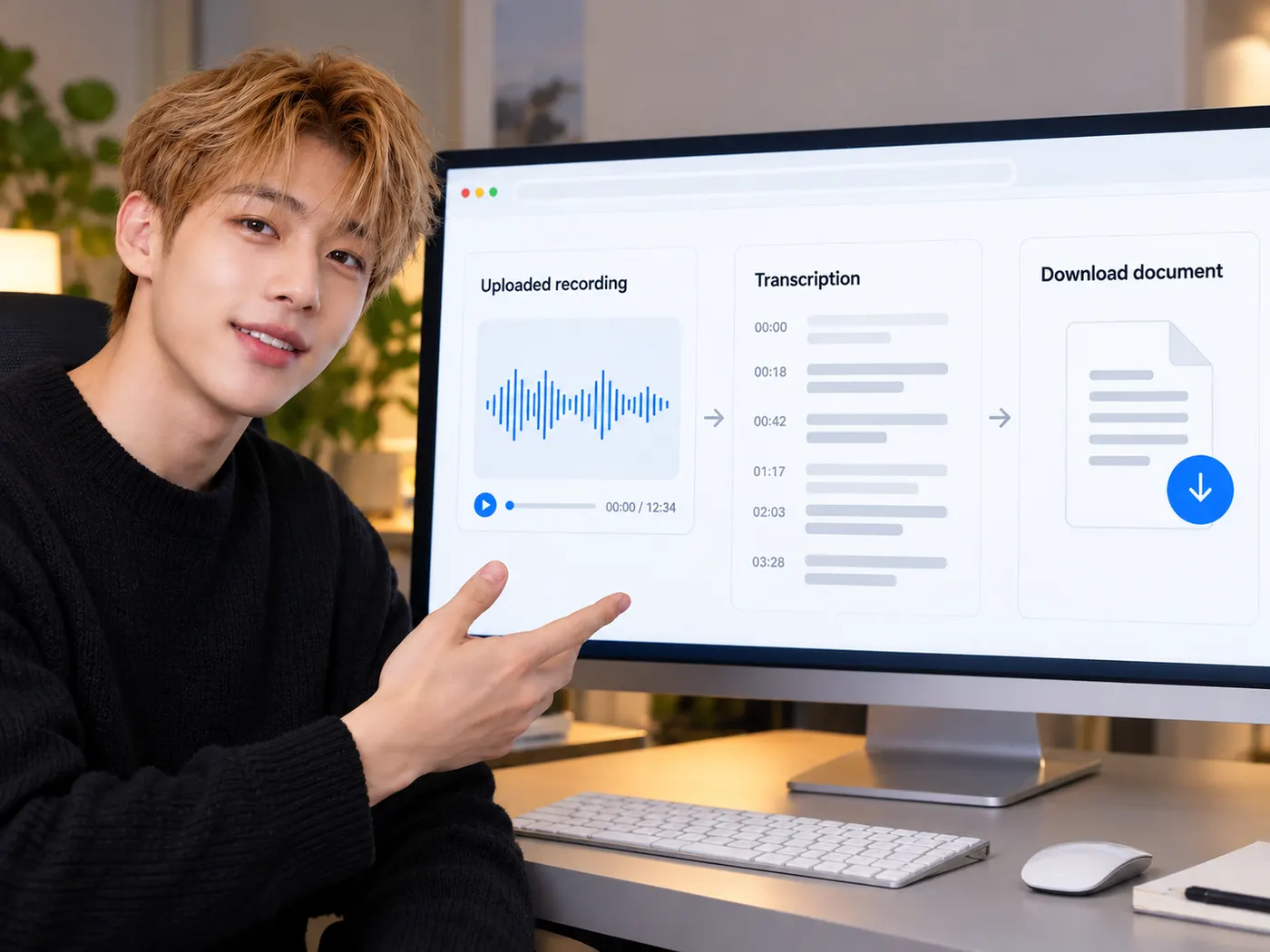 A browser transcription workflow represented by an uploaded recording, timestamped text, and a download document.