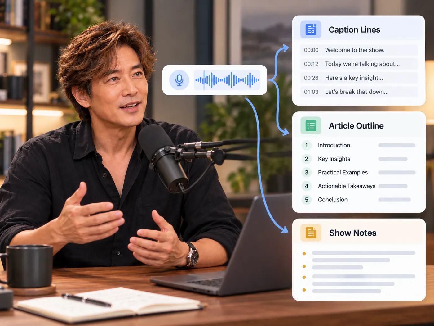 A podcast recording branching into caption lines, an article outline, and show notes.