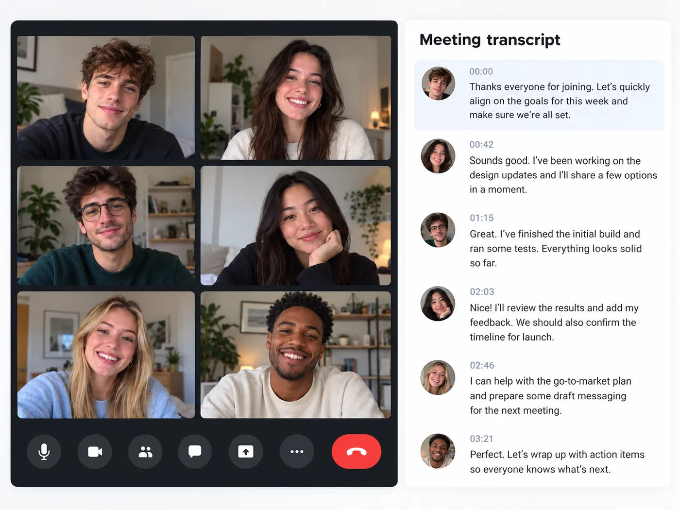 A recorded team call beside a concise timestamped meeting transcript.