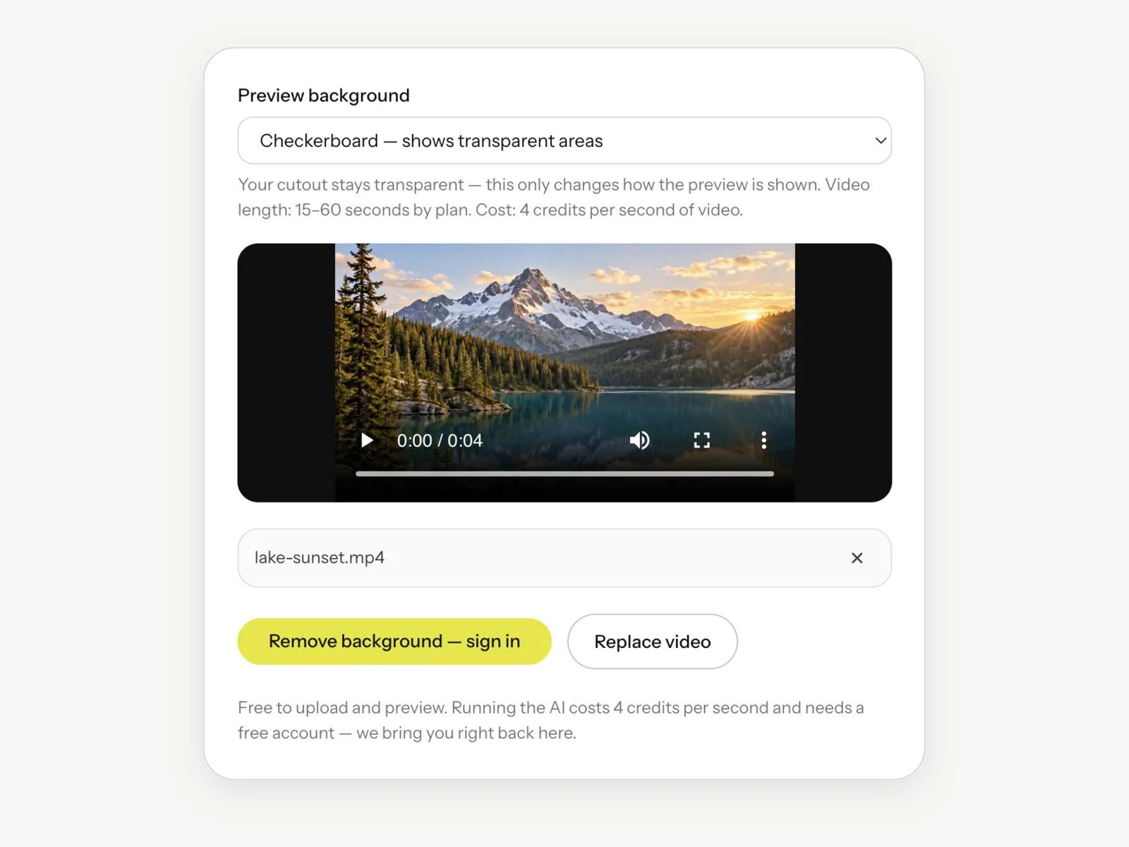 The Video Background Remover with a clip loaded and previewed in the browser, with the preview background menu above the Remove background button.