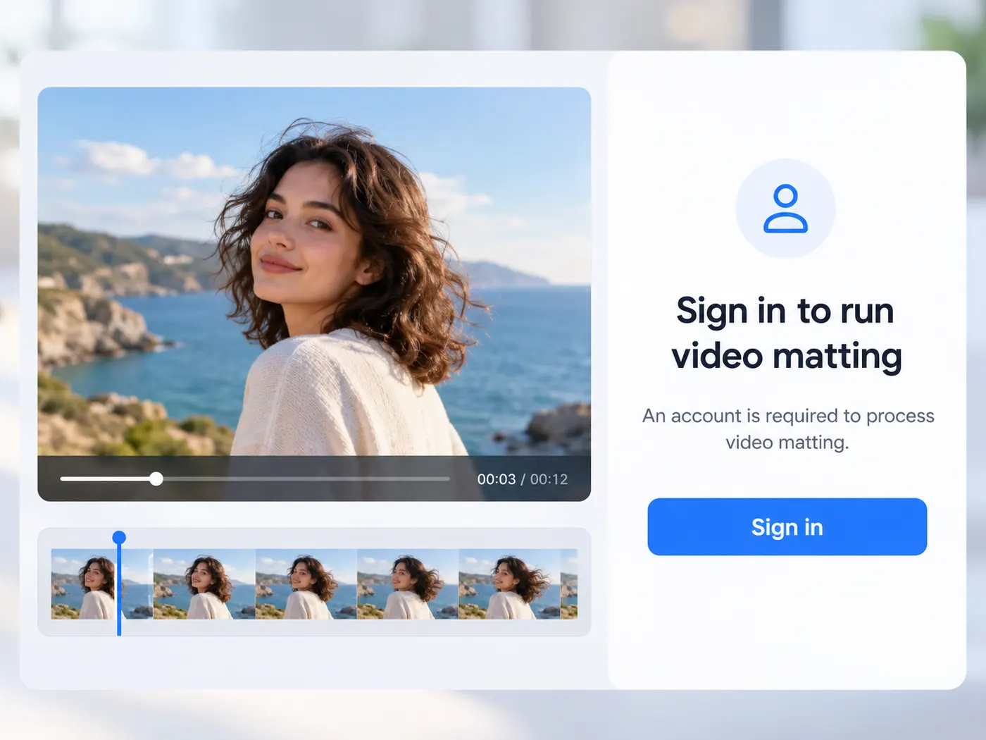 The uploaded clip preview beside a clear sign-in prompt indicating that an account is needed to run video matting.