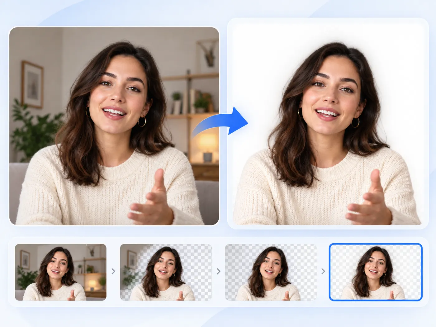 The same moving subject visibly separated from the room, displayed over a transparency grid to show AI matting in progress or completed.