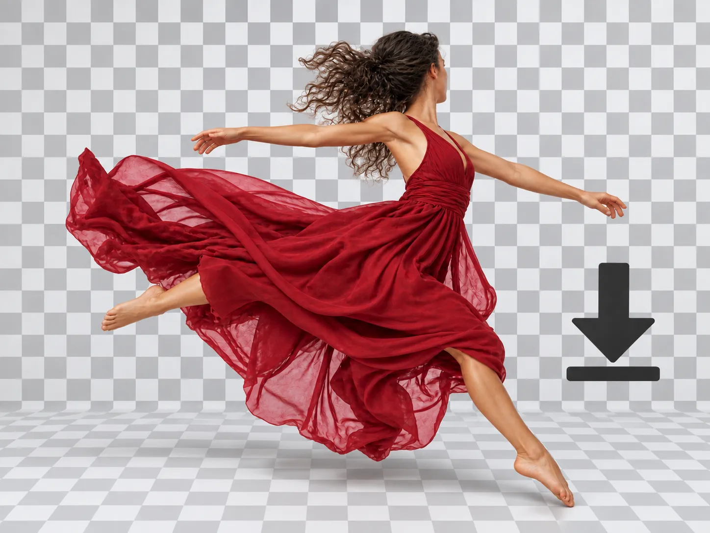 The same dancer as a clean cutout on a checkerboard transparency with a download arrow beside it