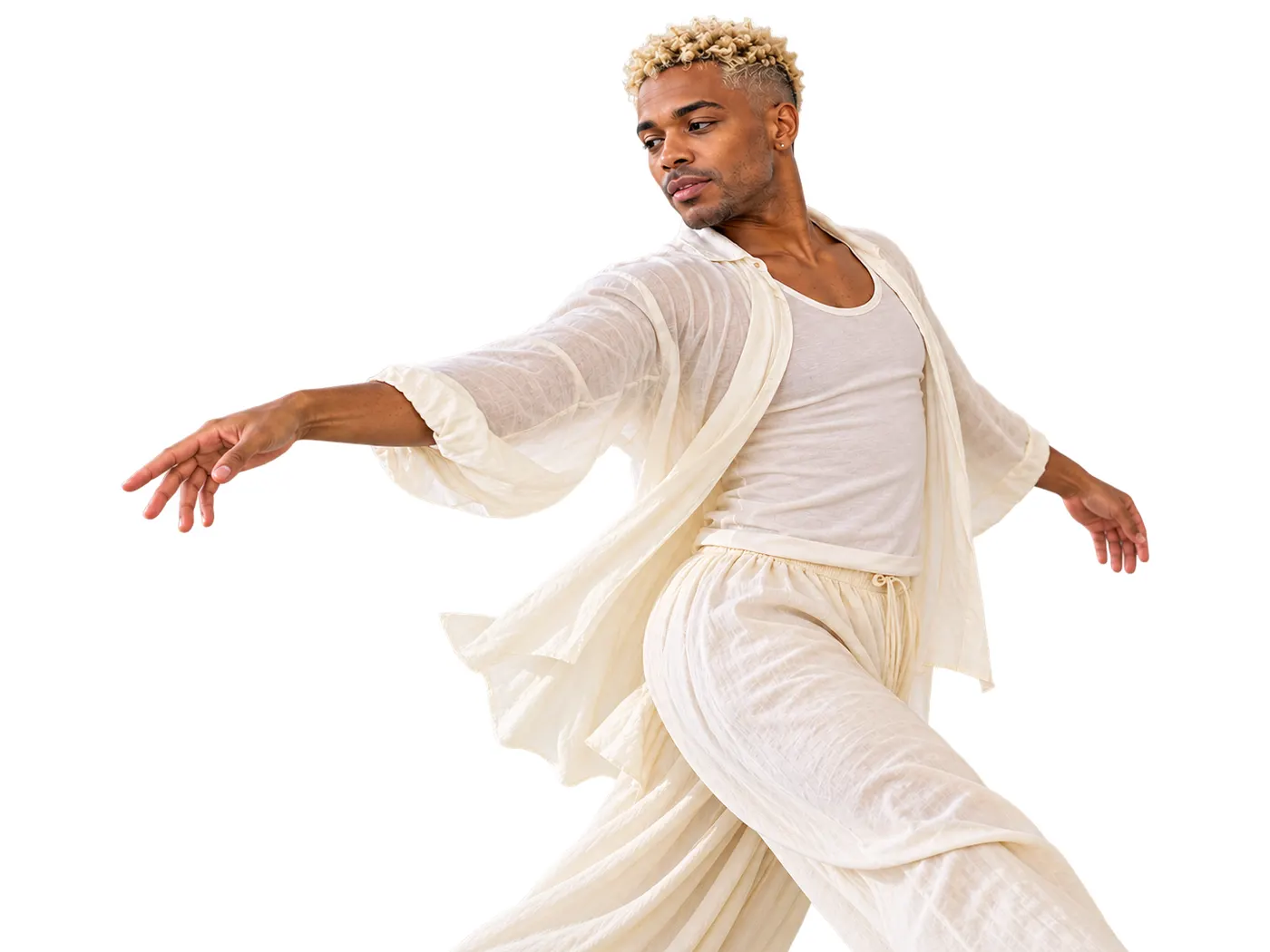 A transparent cutout of the dancer with clean separation around the extended arm and flowing clothing.