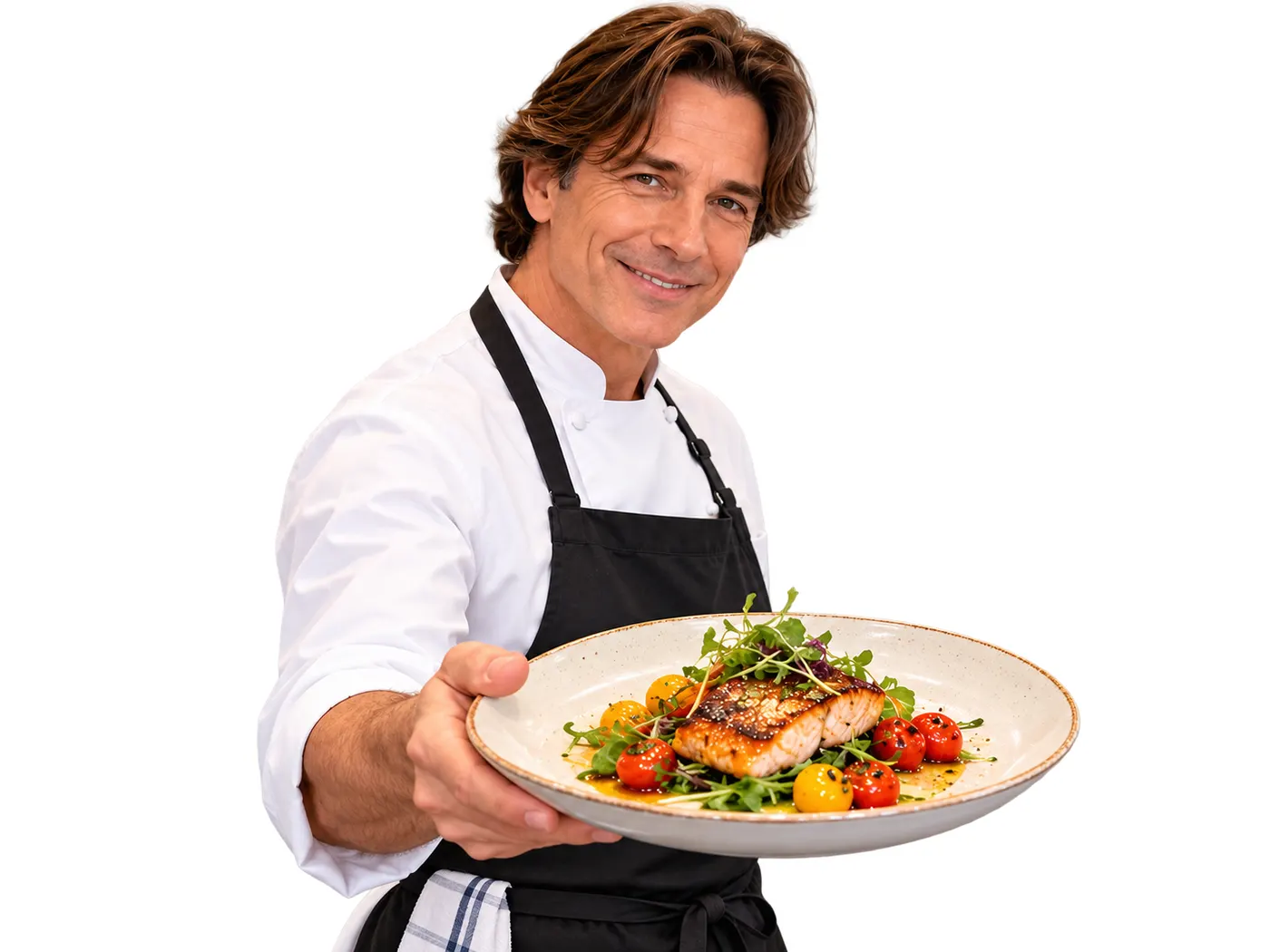 A transparent cutout of the chef presenting the dish, composed as a reusable foreground video asset.