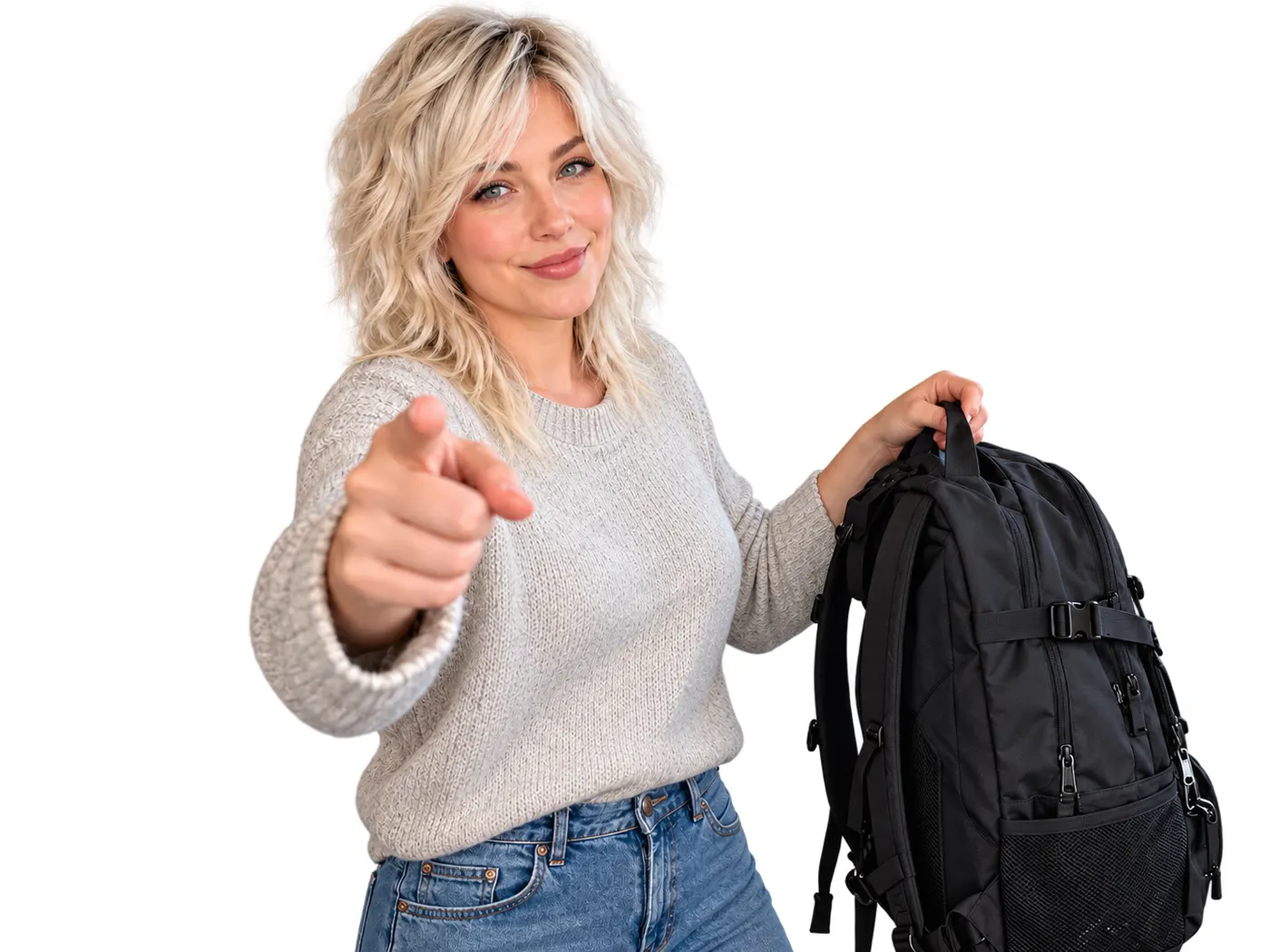 A transparent cutout of the creator with the backpack, ready to be placed into a new travel scene.
