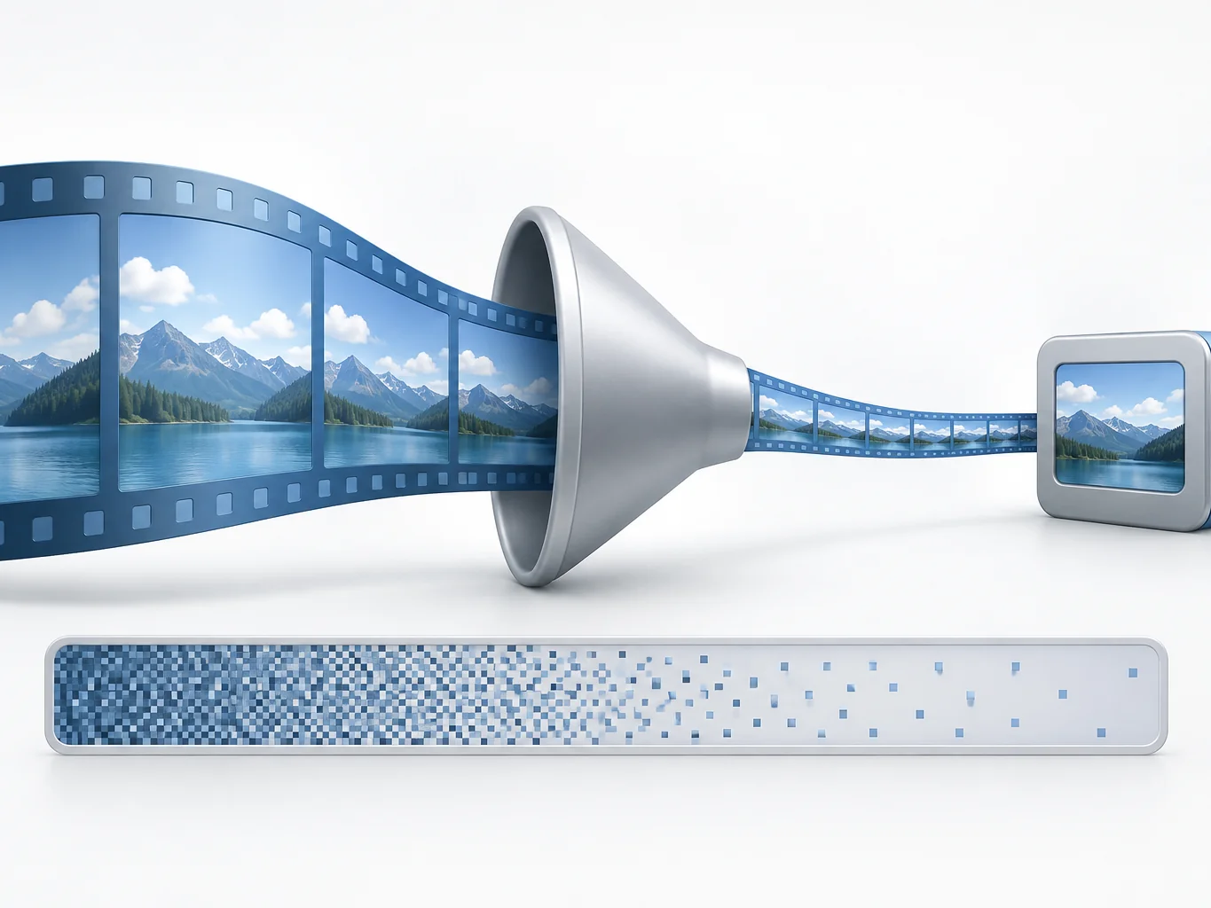 Diagram: a wide strip of video data funnelled down into a small compact file, with a coarse-to-fine bar below showing a lower bitrate