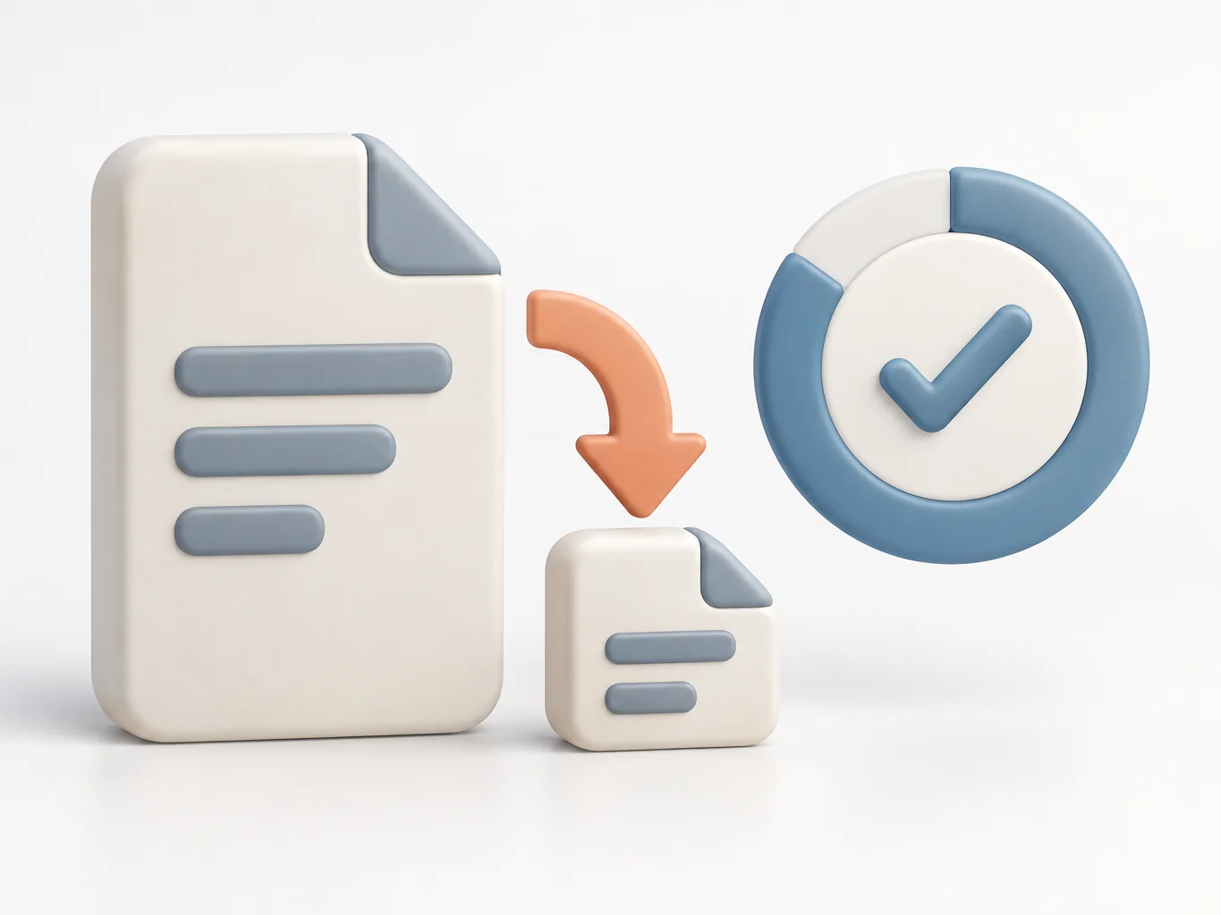 Illustration: a large file and a much smaller file linked by an arrow with a filled check badge, showing a big size saving after compressing