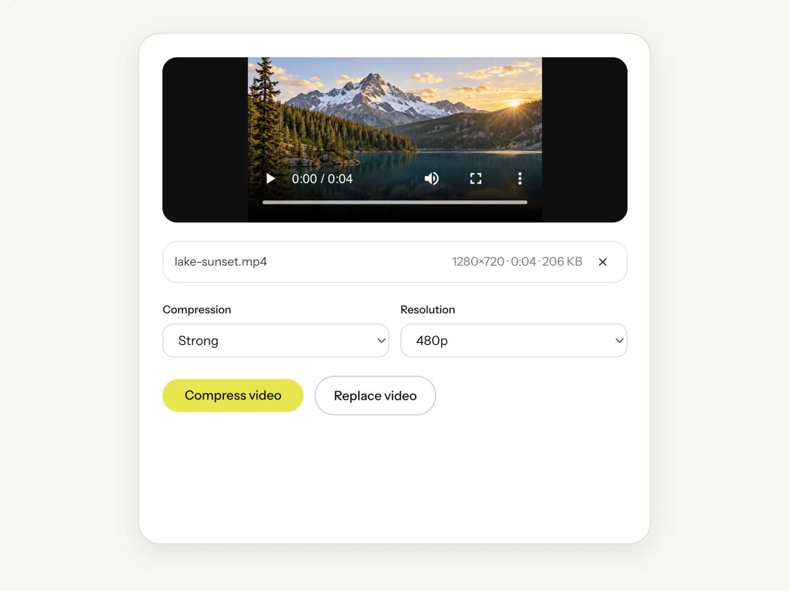The Video Compressor with a clip loaded, Compression set to Strong and Resolution set to 480p, above the Compress video button.