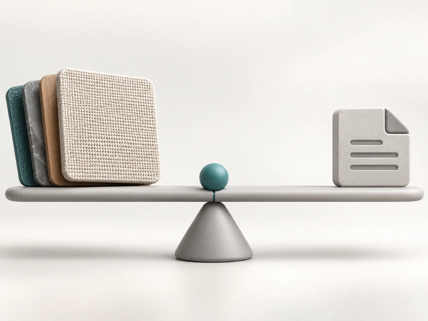 A balance beam with a finely detailed swatch for quality on one side and a small file for size on the other, showing the trade-off