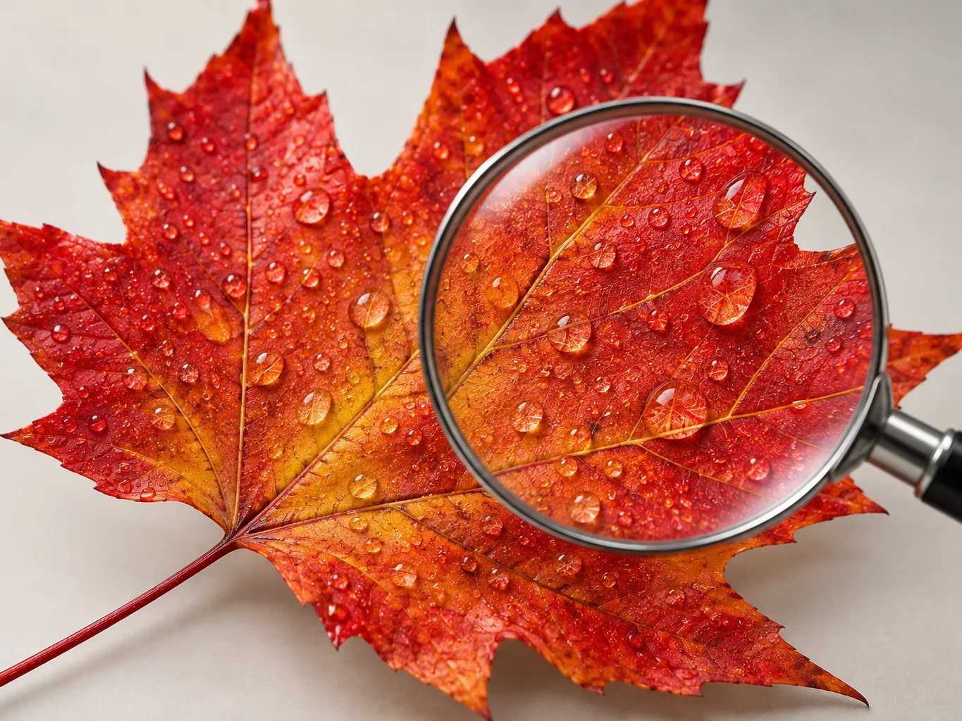 A magnifier over a compressed frame of a dewy autumn maple leaf, the detail under the glass still crisp