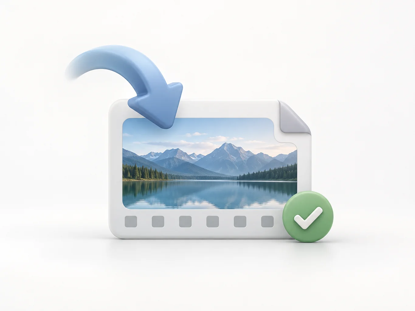 A small finished video-file card of a calm mountain lake with a download arrow and a green check mark