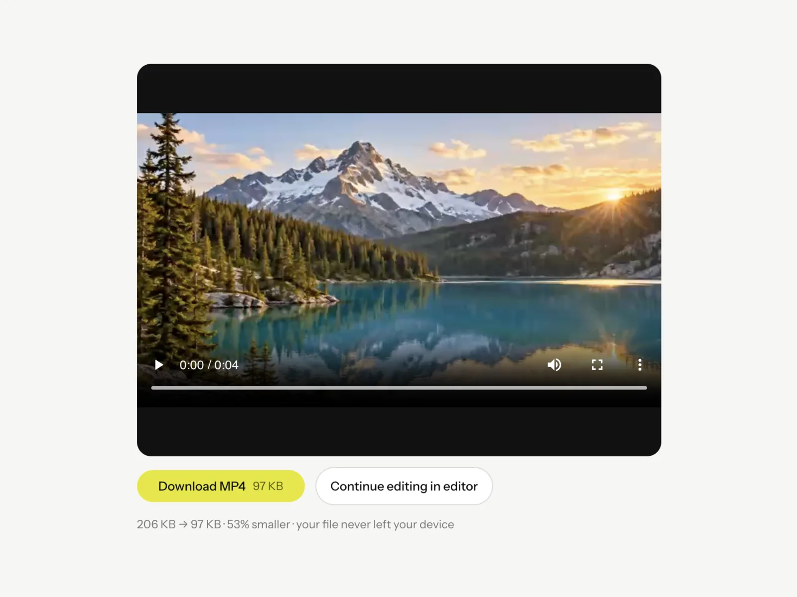 The Video Compressor result panel with a preview of the smaller video, a Download MP4 button and a note comparing the file size before and after.