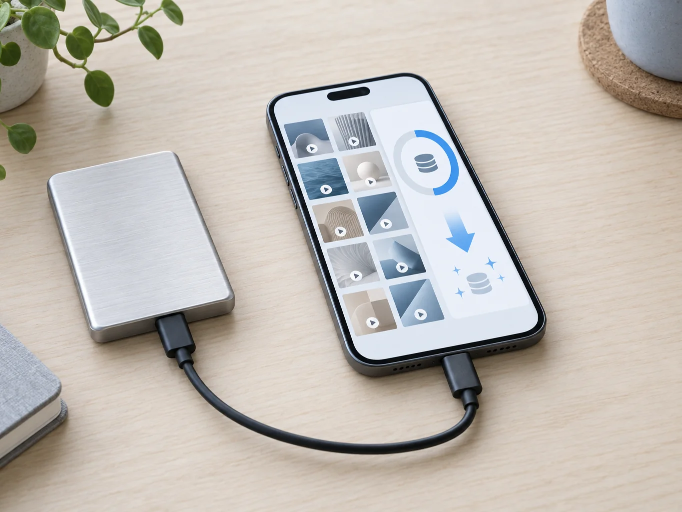 A phone connected to a small external SSD showing a grid of small video files and a storage gauge with freed-up space