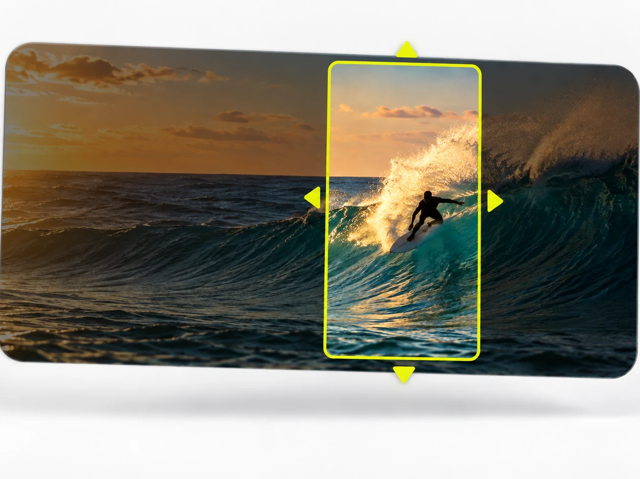 A widescreen surfer video with a tall 9:16 crop box positioned over the surfer and move arrows on each side
