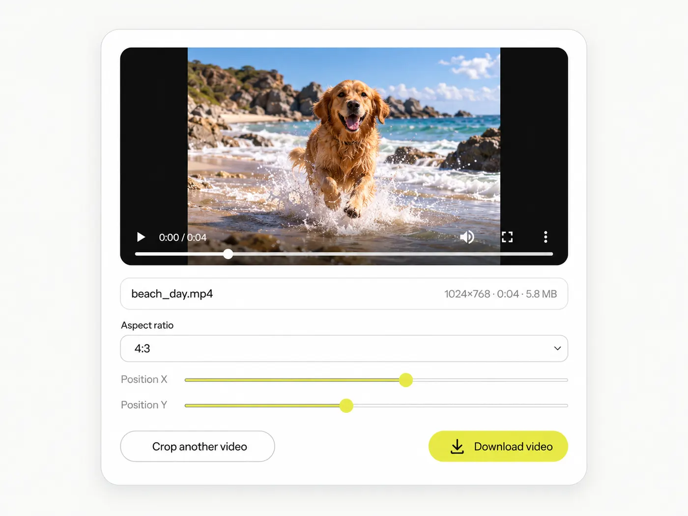 The processed file beach_day.mp4 shown as a completed reframed MP4 preview in the chosen aspect ratio, with a clear download action beside it.