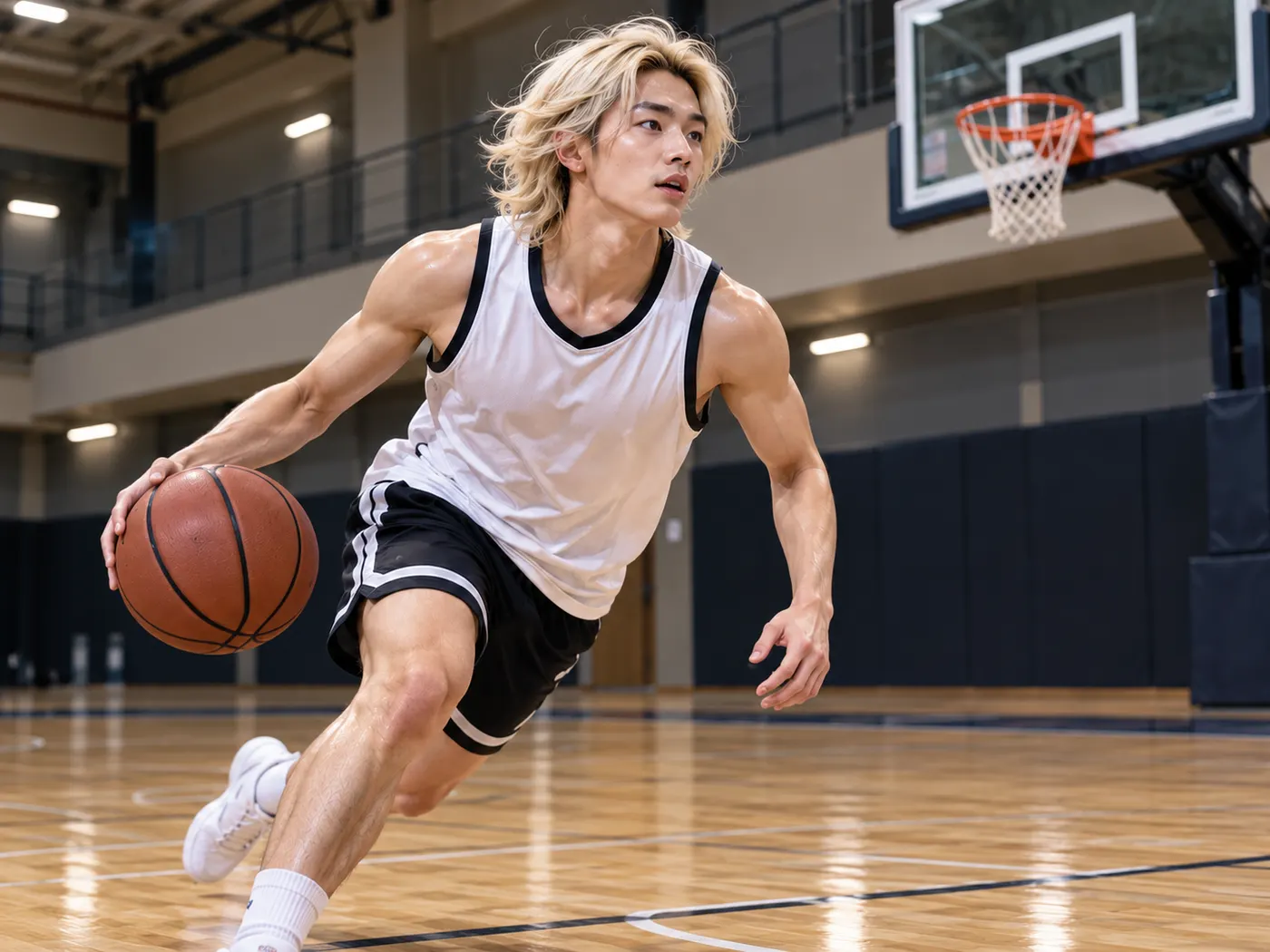 A vertical action frame keeping the player and hoop together in the center of the composition.
