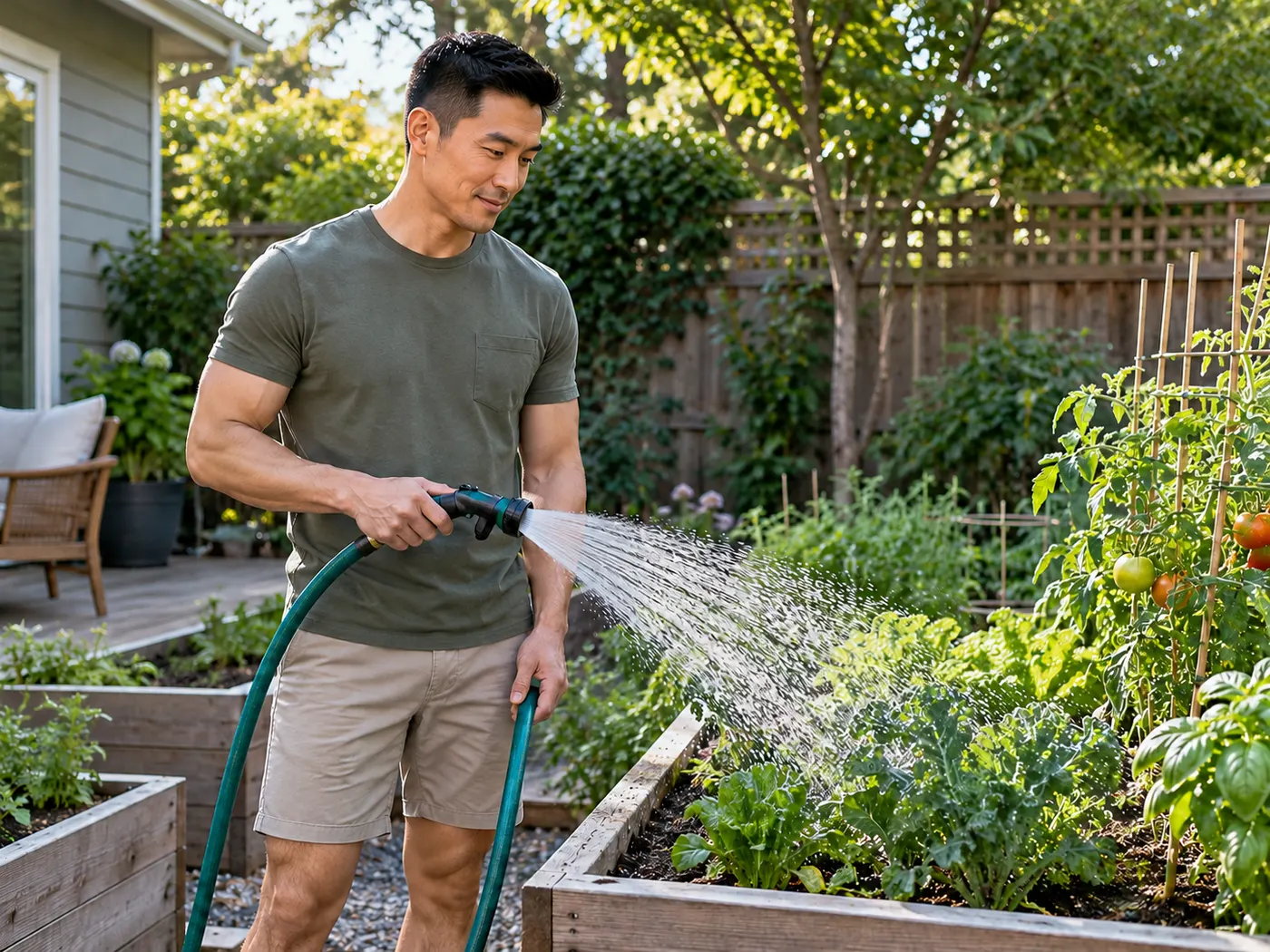 A full-height vertical frame showing the gardener and plants filling a social feed composition.