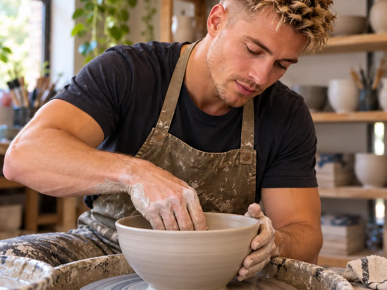 A finished 1:1 square frame focused on the artist’s hands and spinning bowl.