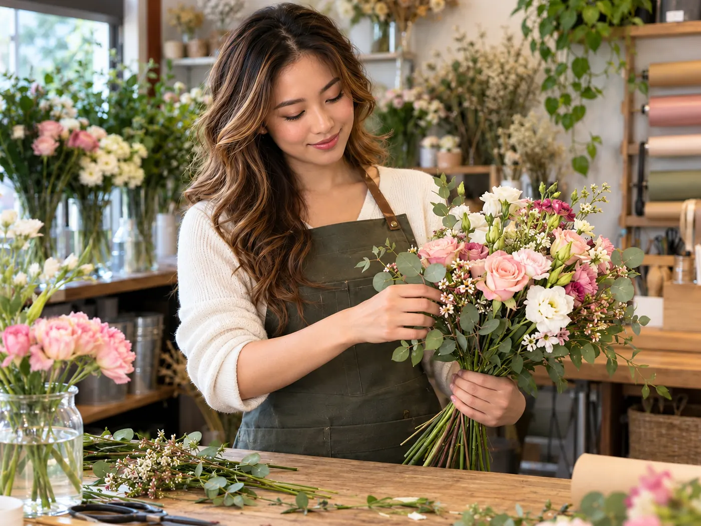A clean 4:5 portrait frame showing the florist and bouquet prominently for a feed post.