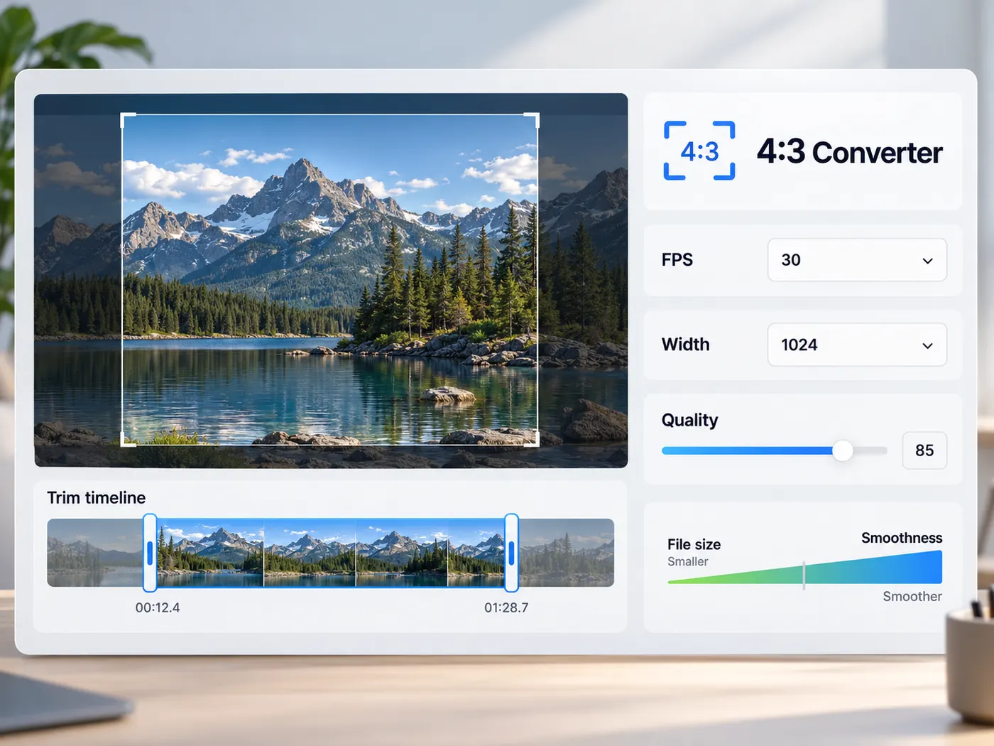 A polished converter control panel with a trim timeline, start and end handles, FPS selector, output-width control, quality control, and a small size-versus-smoothness indicator.