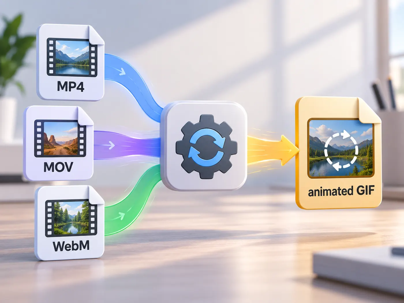 Three clearly labeled MP4, MOV, and WebM file cards flowing into one animated GIF card with a looping preview symbol.