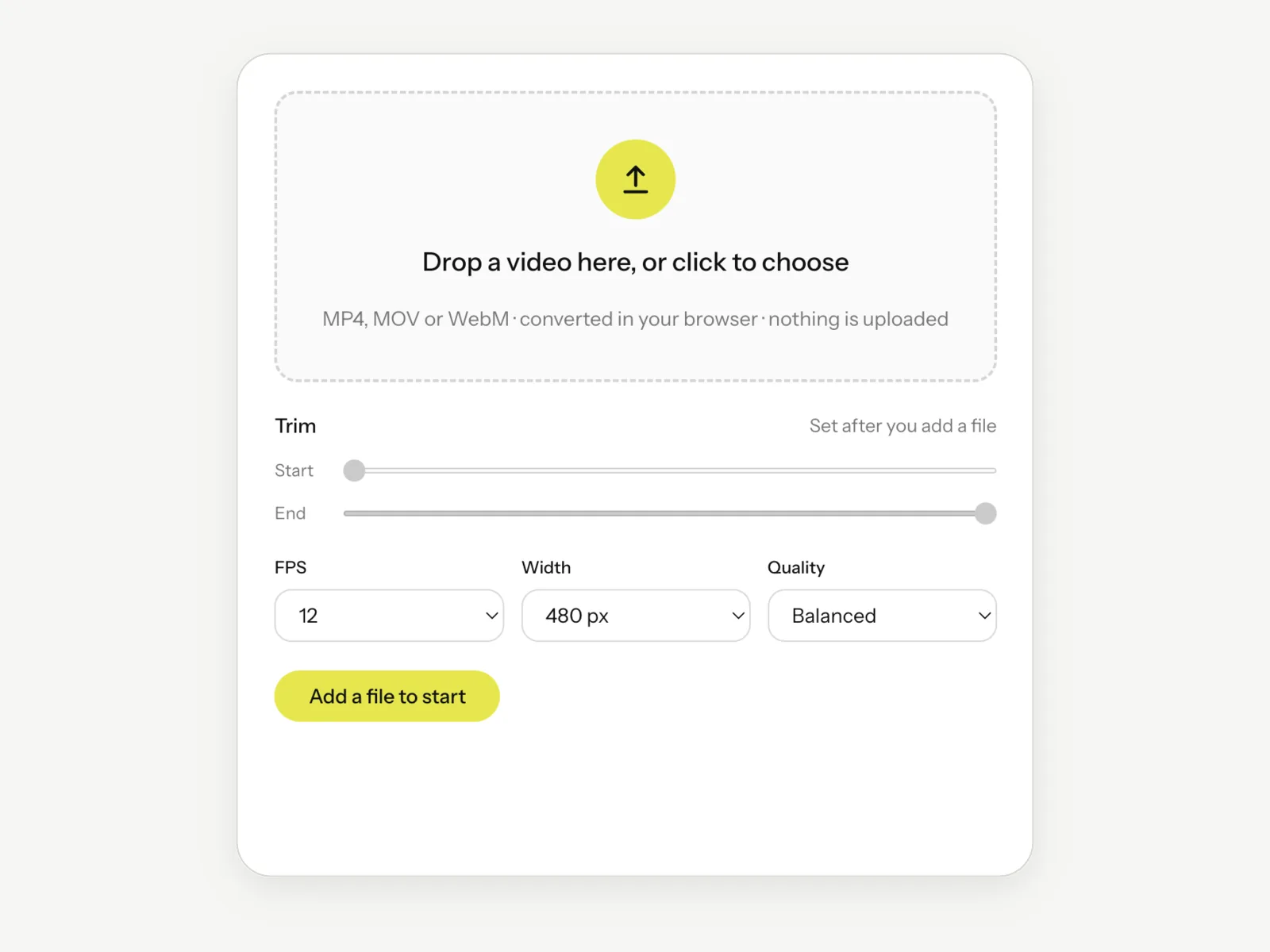 The Video to GIF tool before a file is added, with a dashed drop area, trim sliders and FPS, width and quality menus.