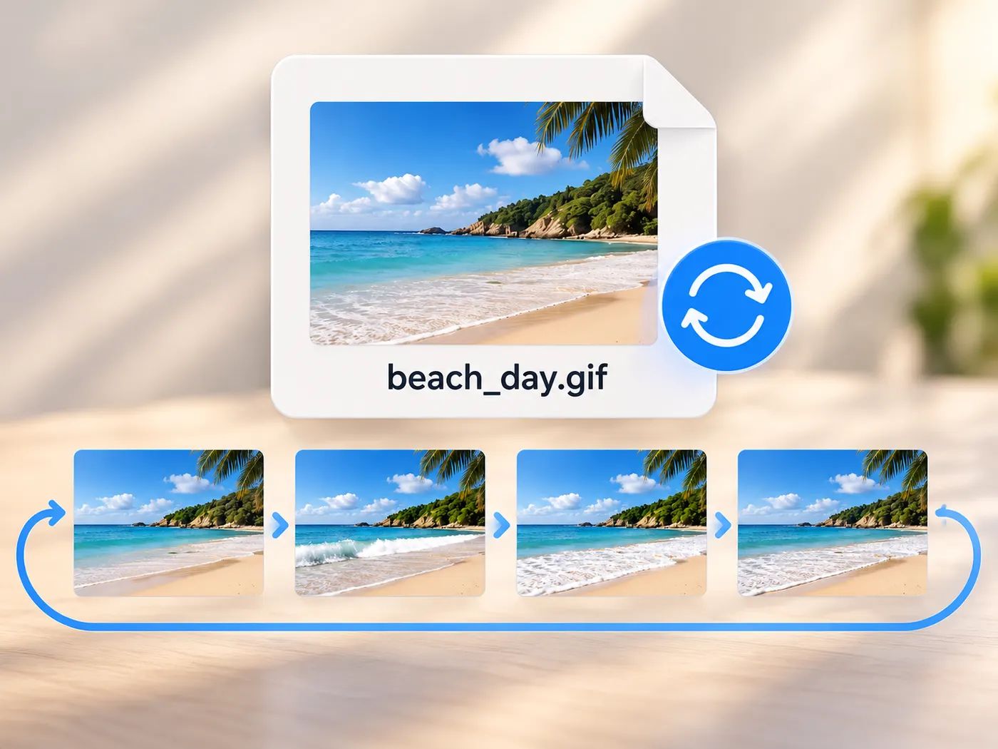 The generated animated GIF file named beach_day.gif shown as a clean looping result, with several visible frames conveying the encoded motion and no product interface or controls.