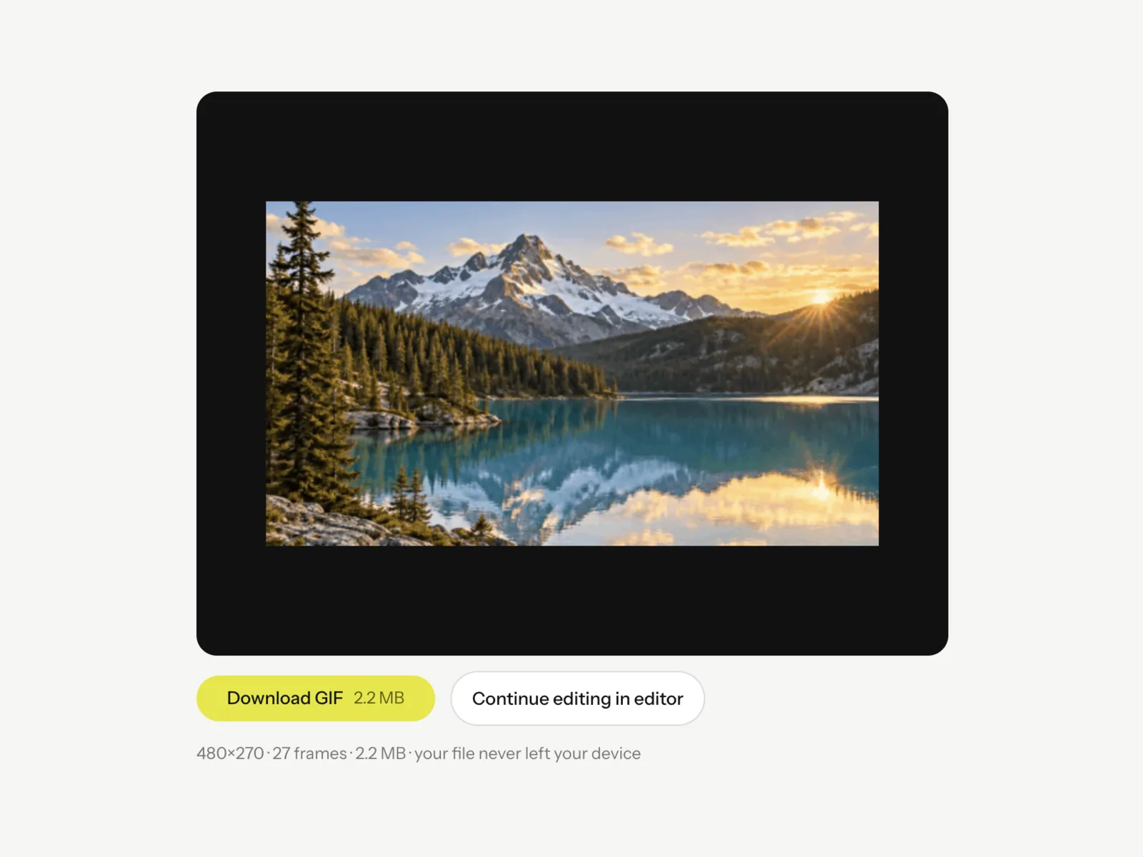 The Video to GIF result panel showing the finished GIF preview with a Download GIF button and its size, frame count and dimensions below.